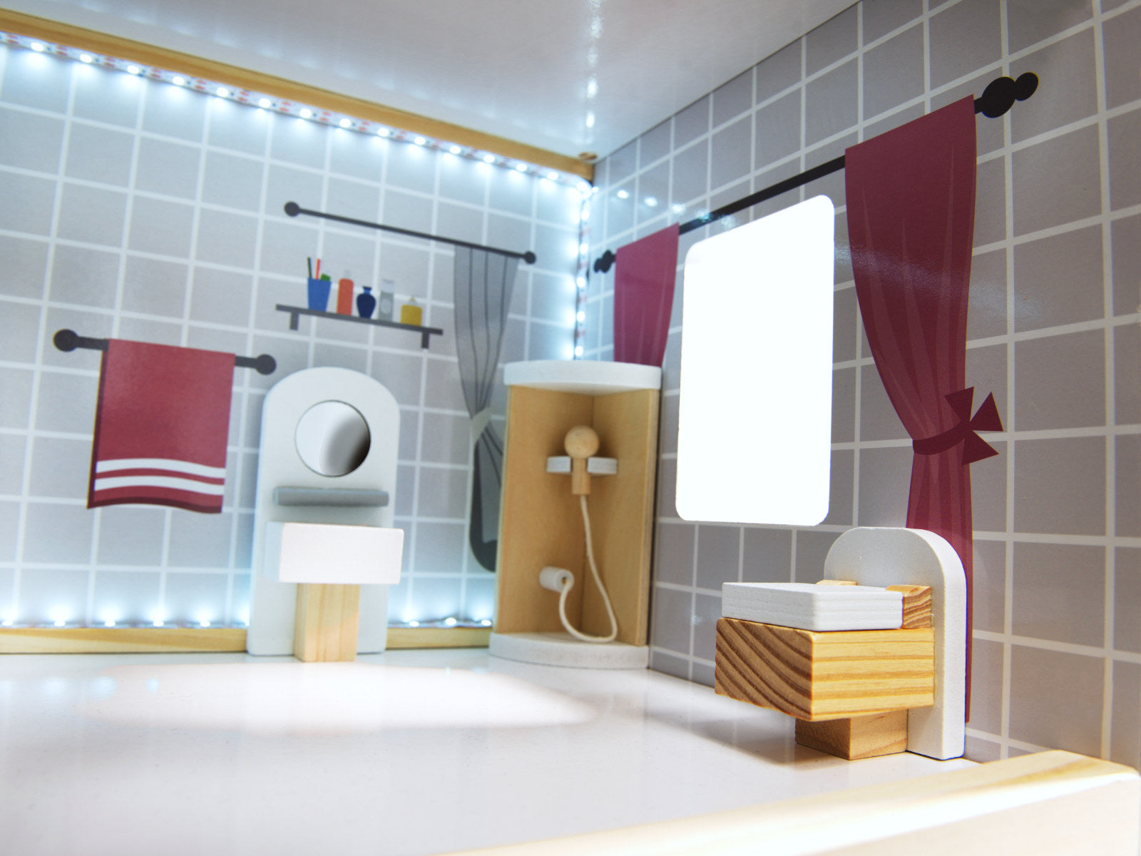 Casa de papusi mare din lemn cu 3 etaje, 4 camere, terasa, mobilier si iluminare LED, 62x27x78 cm, alb
