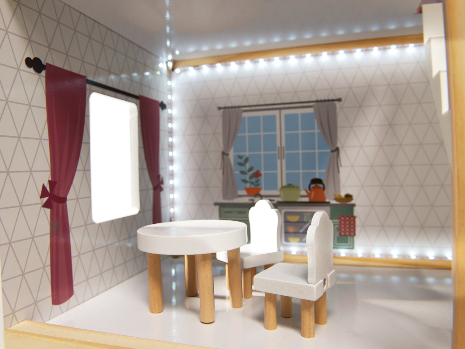 Casa de papusi mare din lemn cu 3 etaje, 4 camere, terasa, mobilier si iluminare LED, 62x27x78 cm, alb