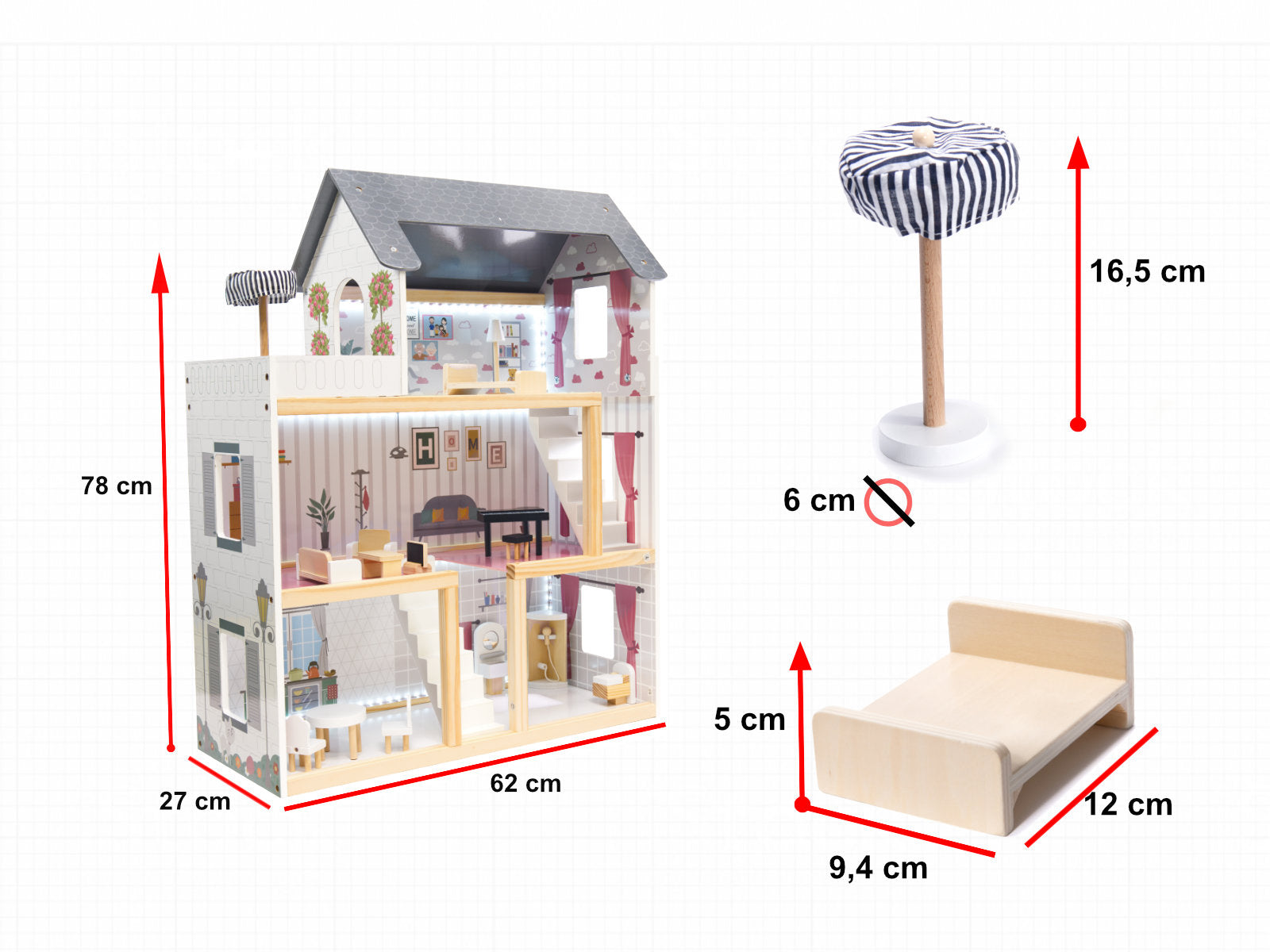 Casa de papusi mare din lemn cu 3 etaje, 4 camere, terasa, mobilier si iluminare LED, 62x27x78 cm, alb