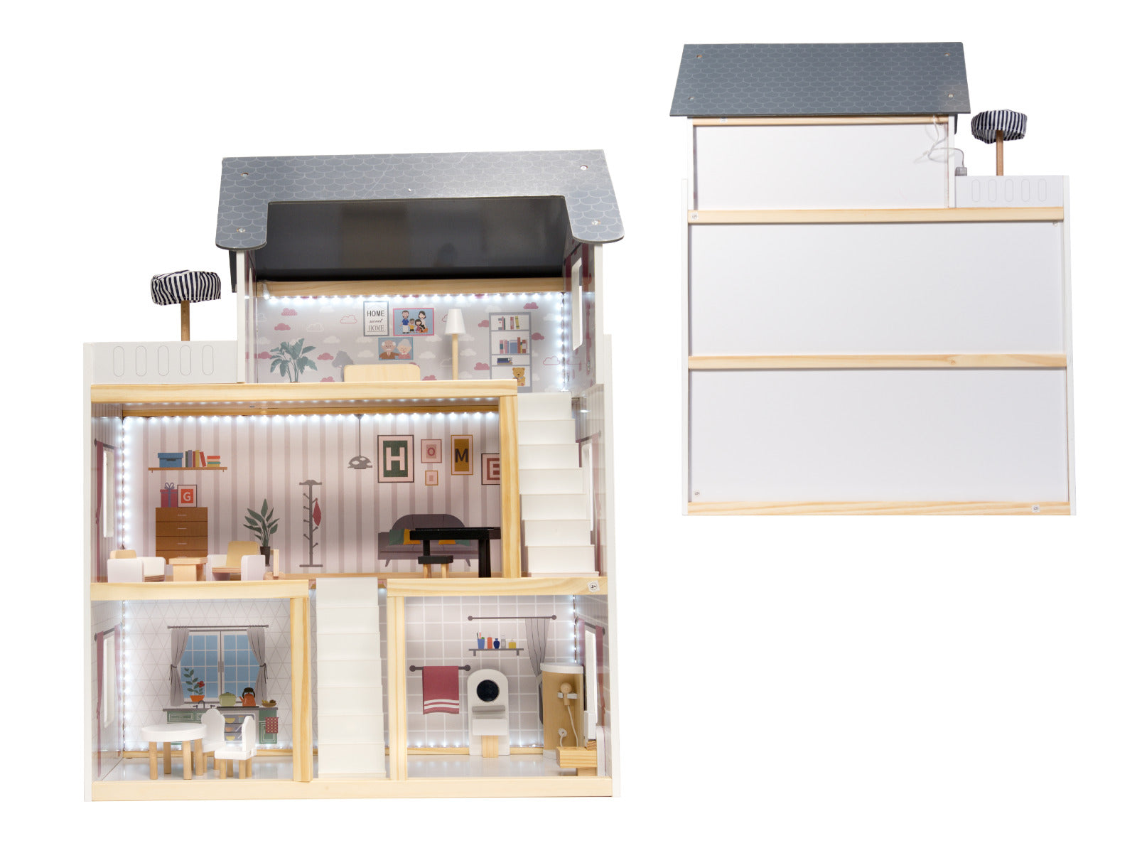 Casa de papusi mare din lemn cu 3 etaje, 4 camere, terasa, mobilier si iluminare LED, 62x27x78 cm, alb