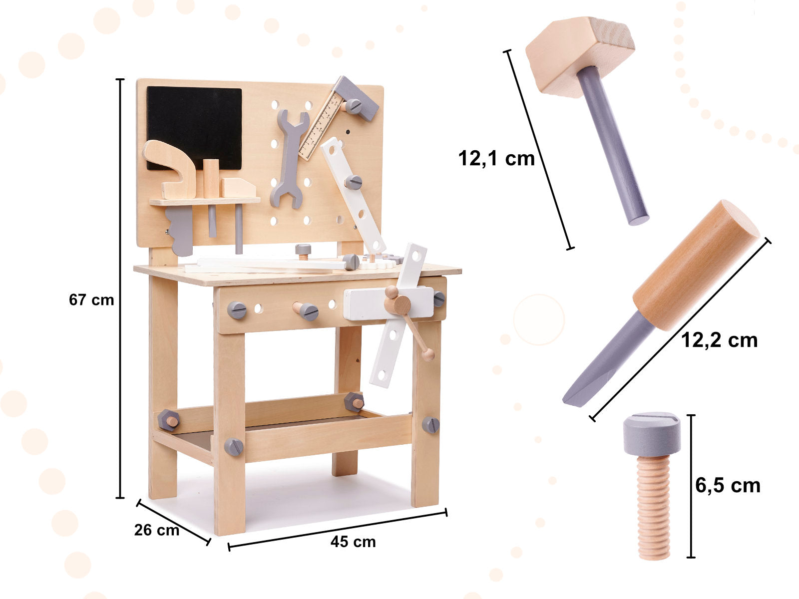 Banc de lucru copii din lemn cu unelte incluse, masa 45x26x67 cm, set DIY pentru micul mester
