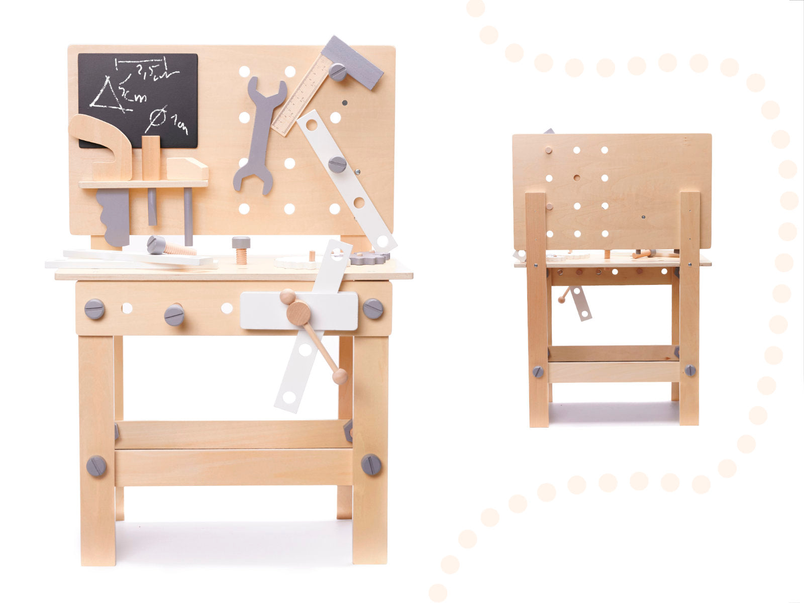 Banc de lucru copii din lemn cu unelte incluse, masa 45x26x67 cm, set DIY pentru micul mester