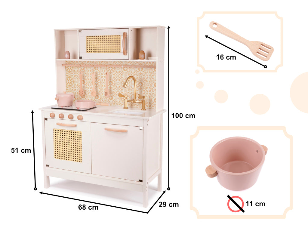 Bucatarie din lemn pentru copii 100x68x29 cm, cu accesorii si efecte luminoase, stil retro, MDF si plastic, boho, crem
