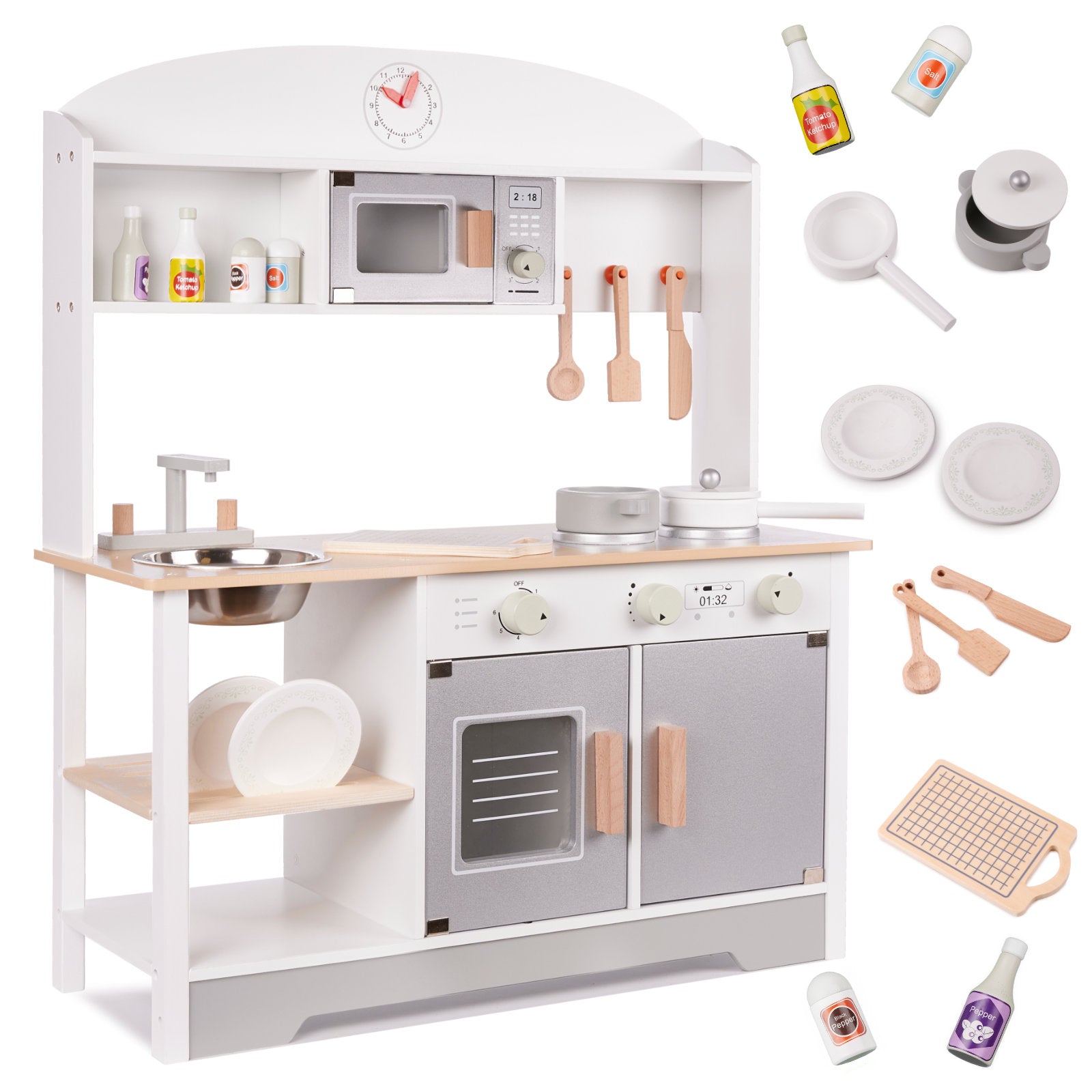 Bucatarie din lemn pentru copii cu accesorii, MDF si lemn, 68x25x82 cm, gri si alb