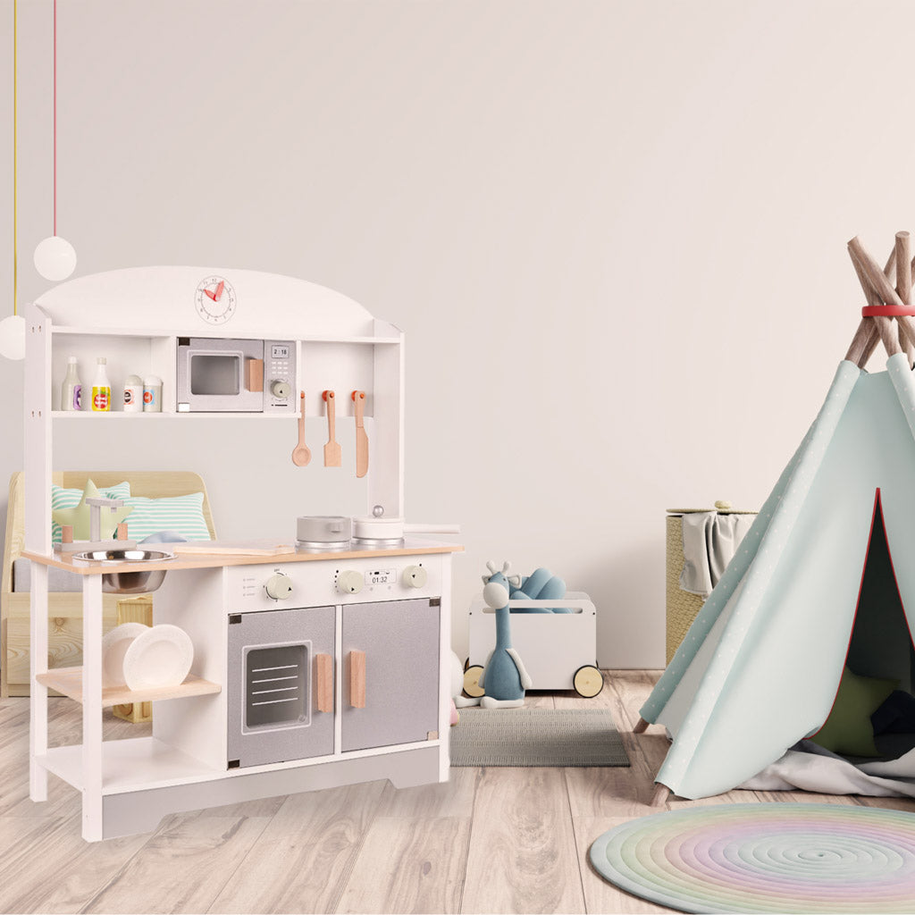Bucatarie din lemn pentru copii cu accesorii, MDF si lemn, 68x25x82 cm, gri si alb