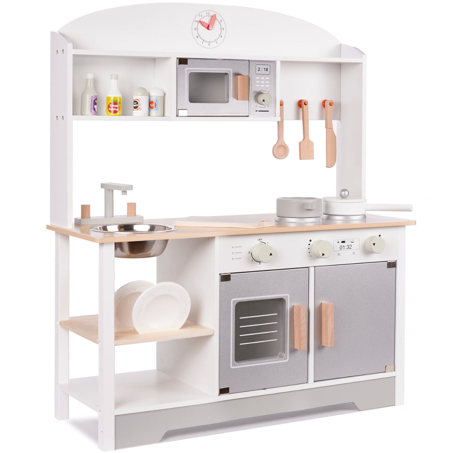 Bucatarie din lemn pentru copii cu accesorii, MDF si lemn, 68x25x82 cm, gri si alb