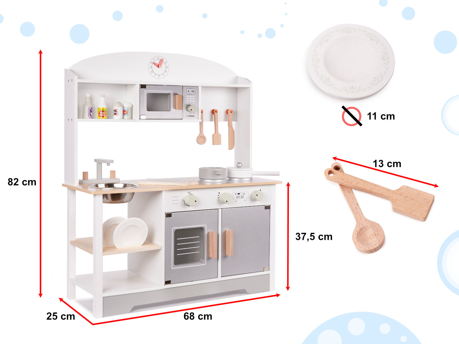 Bucatarie din lemn pentru copii cu accesorii, MDF si lemn, 68x25x82 cm, gri si alb