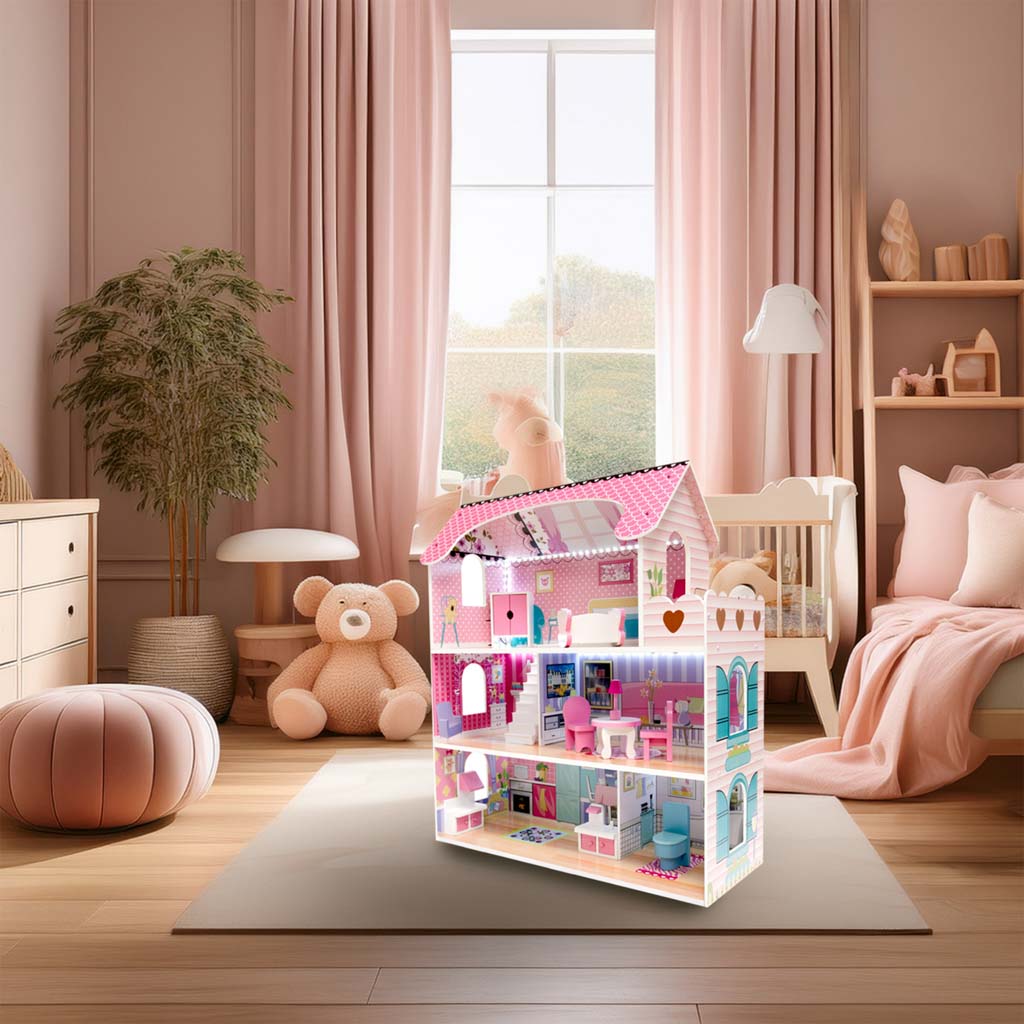 Casuta din lemn pentru papusi cu mobilier si banda LED, 3 etaje, 62x27x70 cm, multicolor