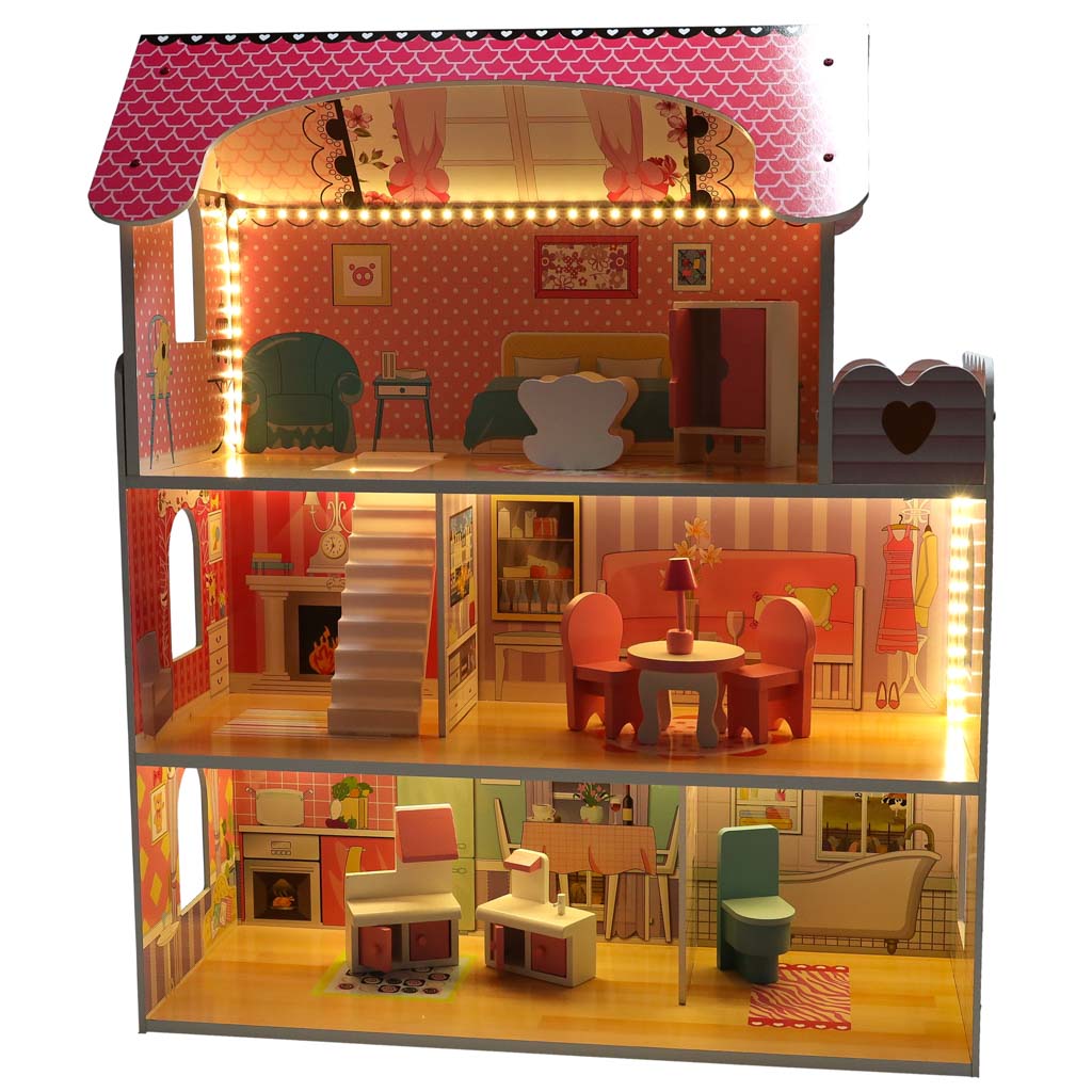 Casuta din lemn pentru papusi cu mobilier si banda LED, 3 etaje, 62x27x70 cm, multicolor