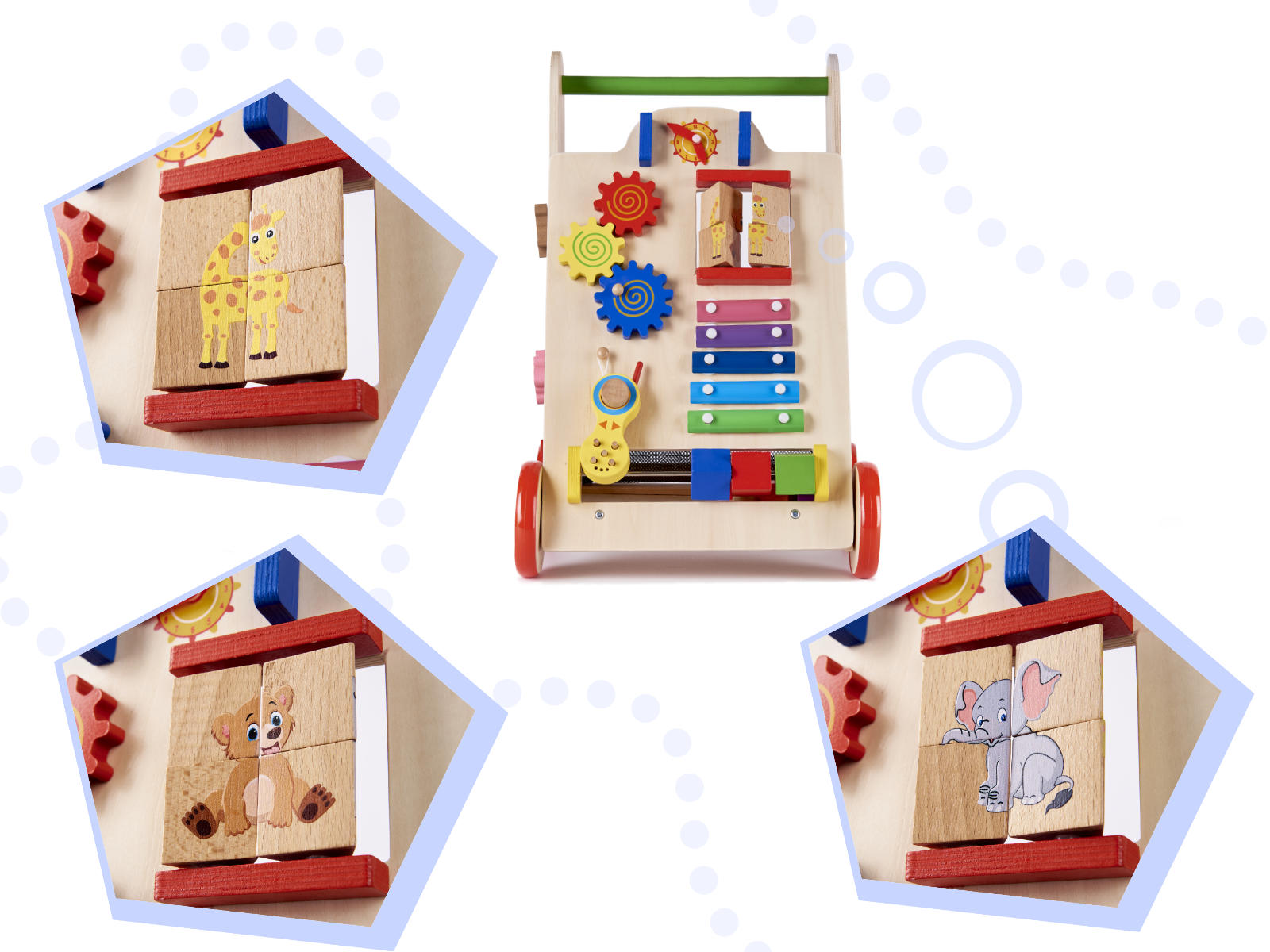 Antemergator din lemn pentru copii cu jocuri educative, 51x32x31 cm, multicolor
