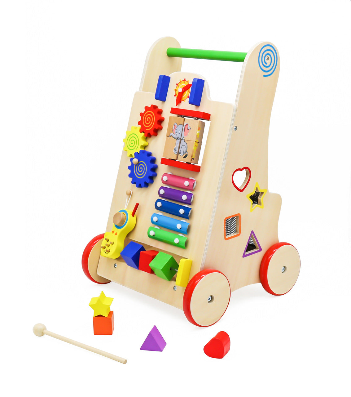 Antemergator din lemn pentru copii cu jocuri educative, 51x32x31 cm, multicolor