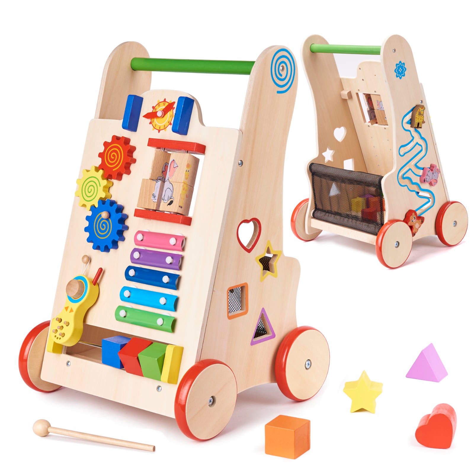 Antemergator din lemn pentru copii cu jocuri educative, 51x32x31 cm, multicolor