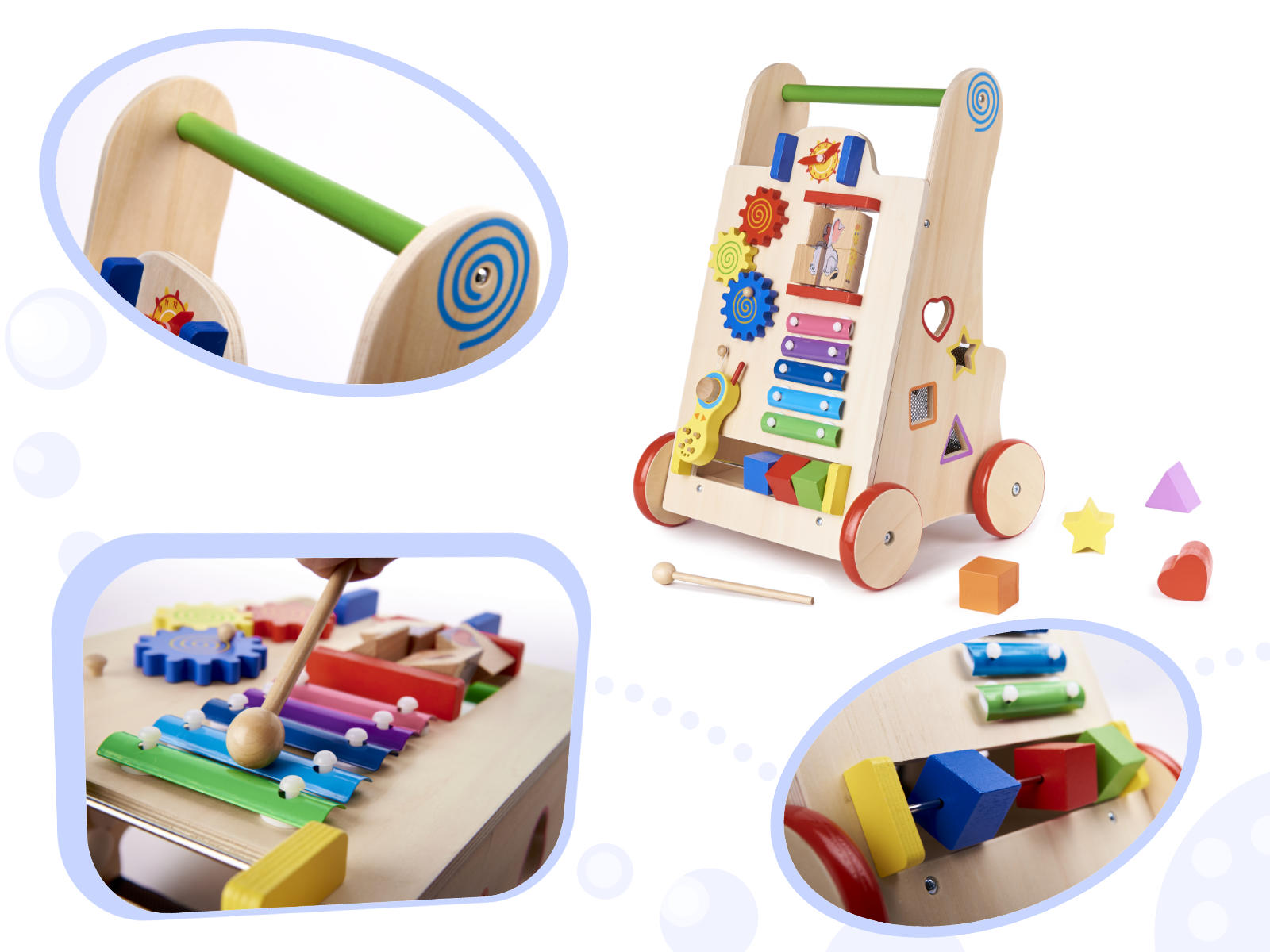 Antemergator din lemn pentru copii cu jocuri educative, 51x32x31 cm, multicolor