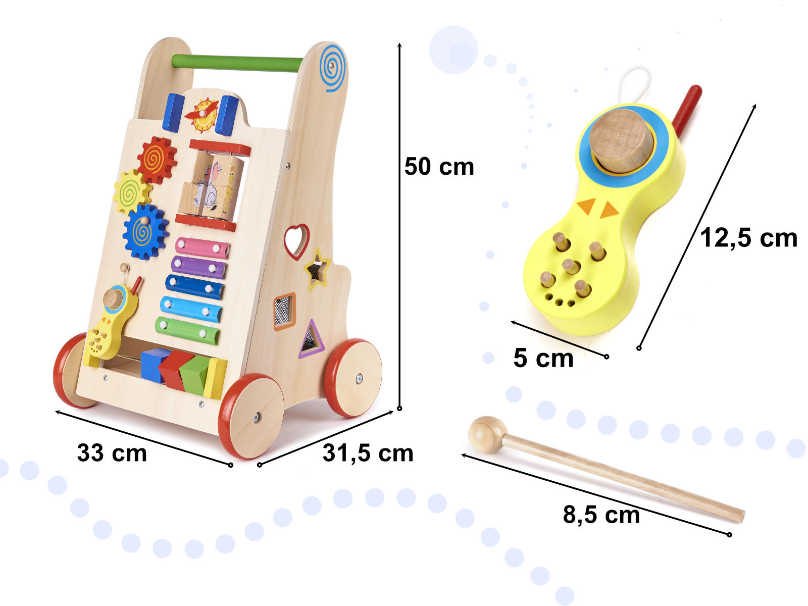 Antemergator din lemn pentru copii cu jocuri educative, 51x32x31 cm, multicolor
