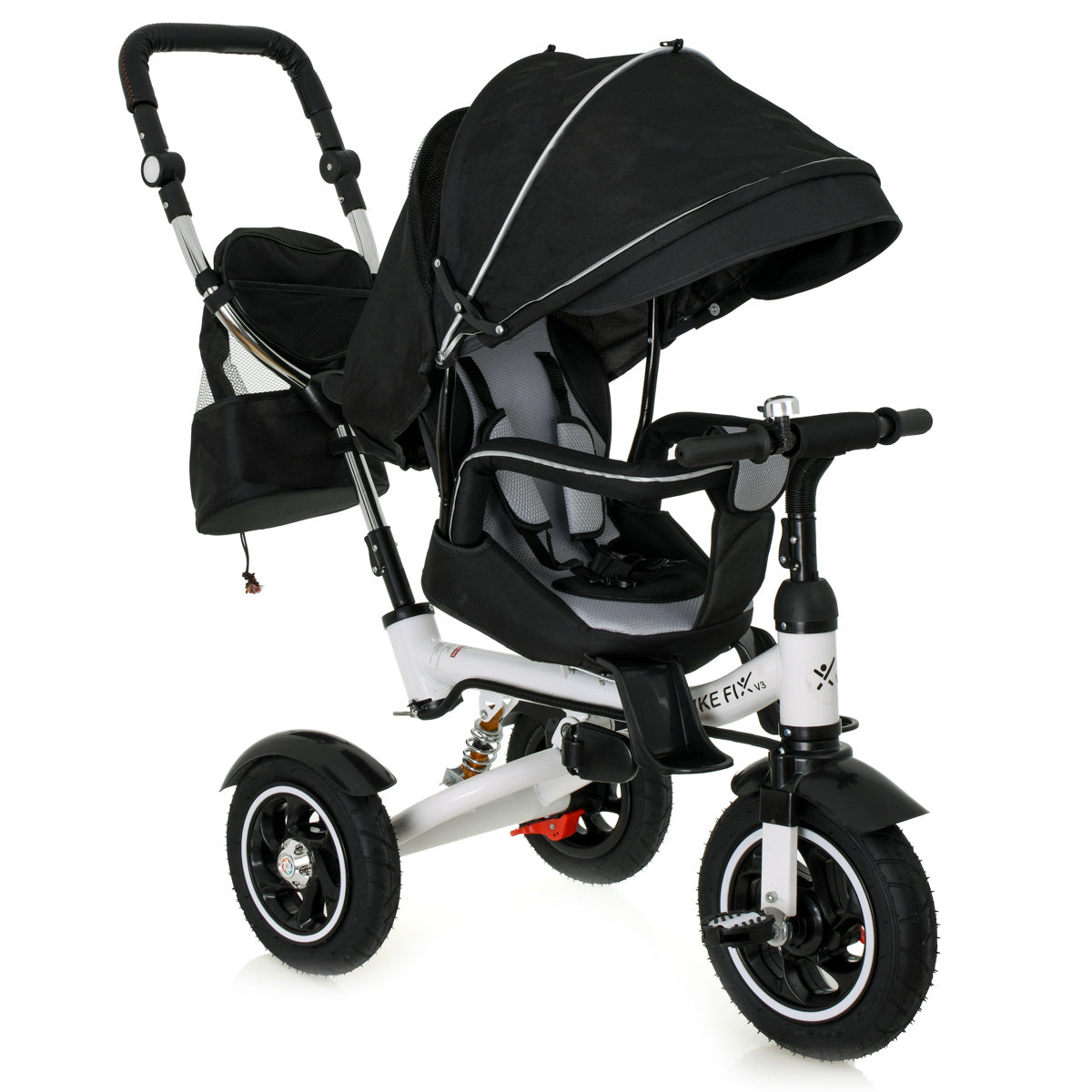 Tricicleta 3in1 105x52x94 cm, sezut rotativ 360°, roti fara aer, copertina reglabila, negru