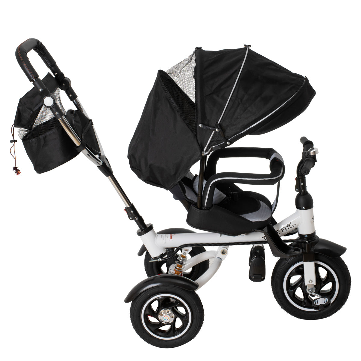 Tricicleta 3in1 105x52x94 cm, sezut rotativ 360°, roti fara aer, copertina reglabila, negru