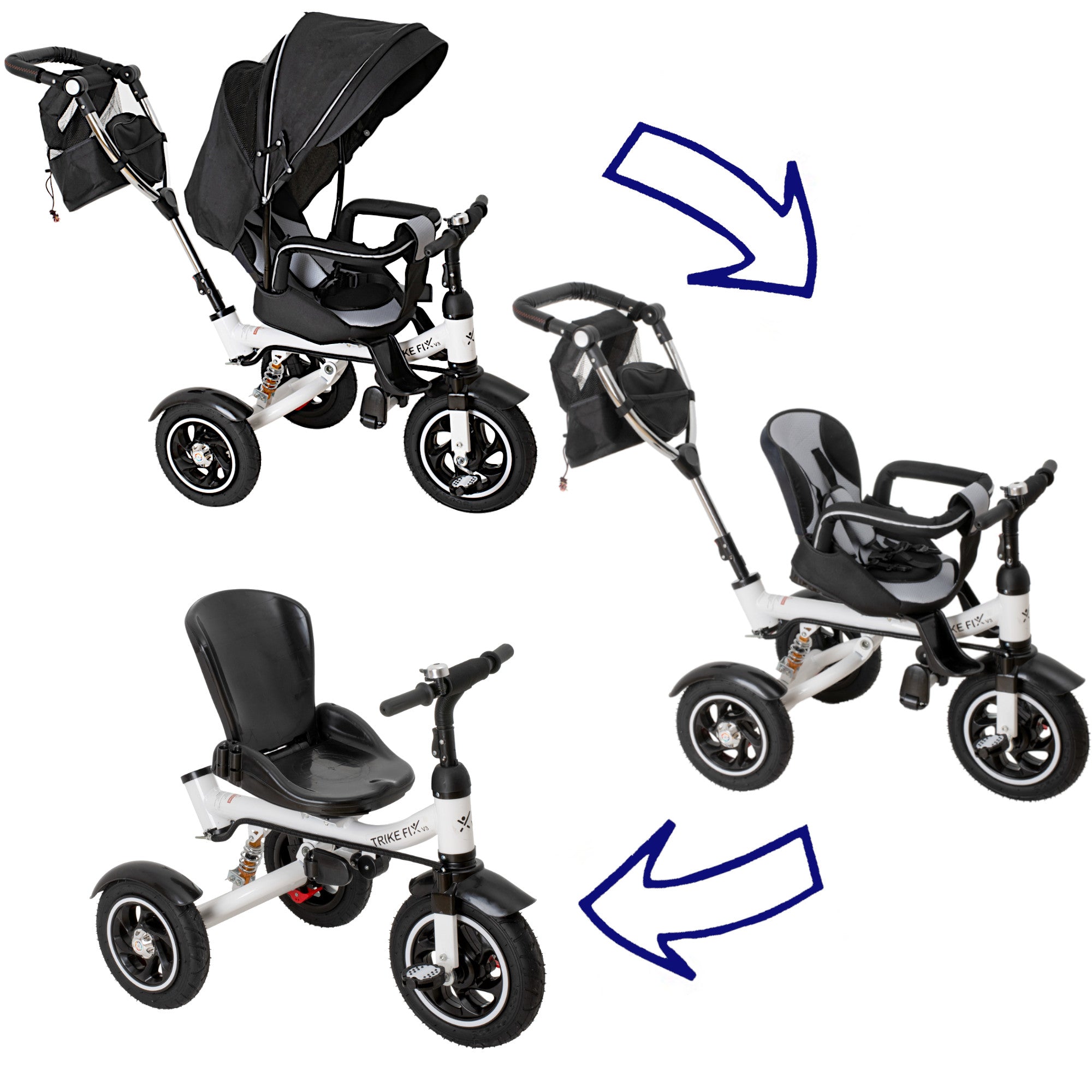 Tricicleta 3in1 105x52x94 cm, sezut rotativ 360°, roti fara aer, copertina reglabila, negru