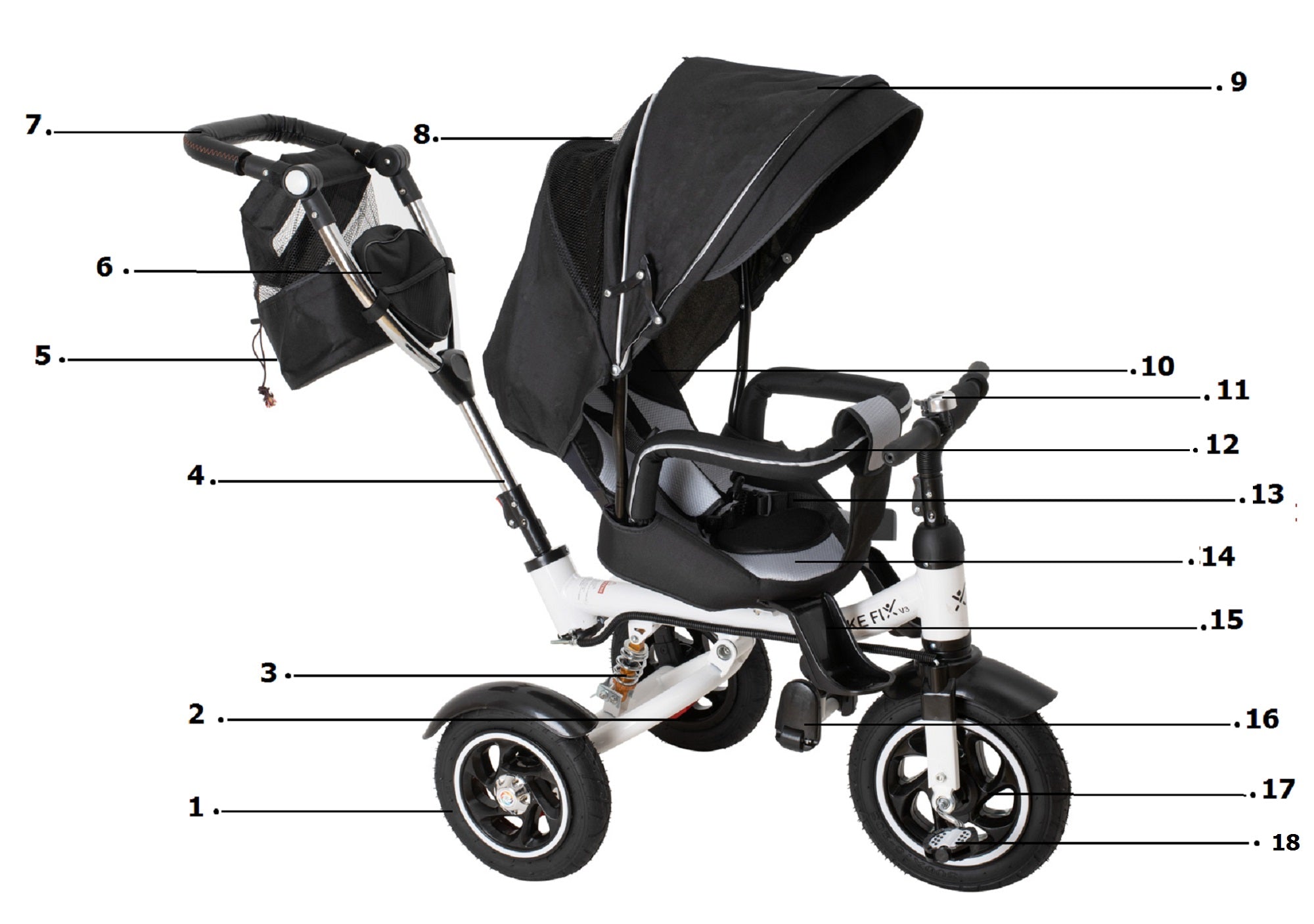 Tricicleta 3in1 105x52x94 cm, sezut rotativ 360°, roti fara aer, copertina reglabila, negru