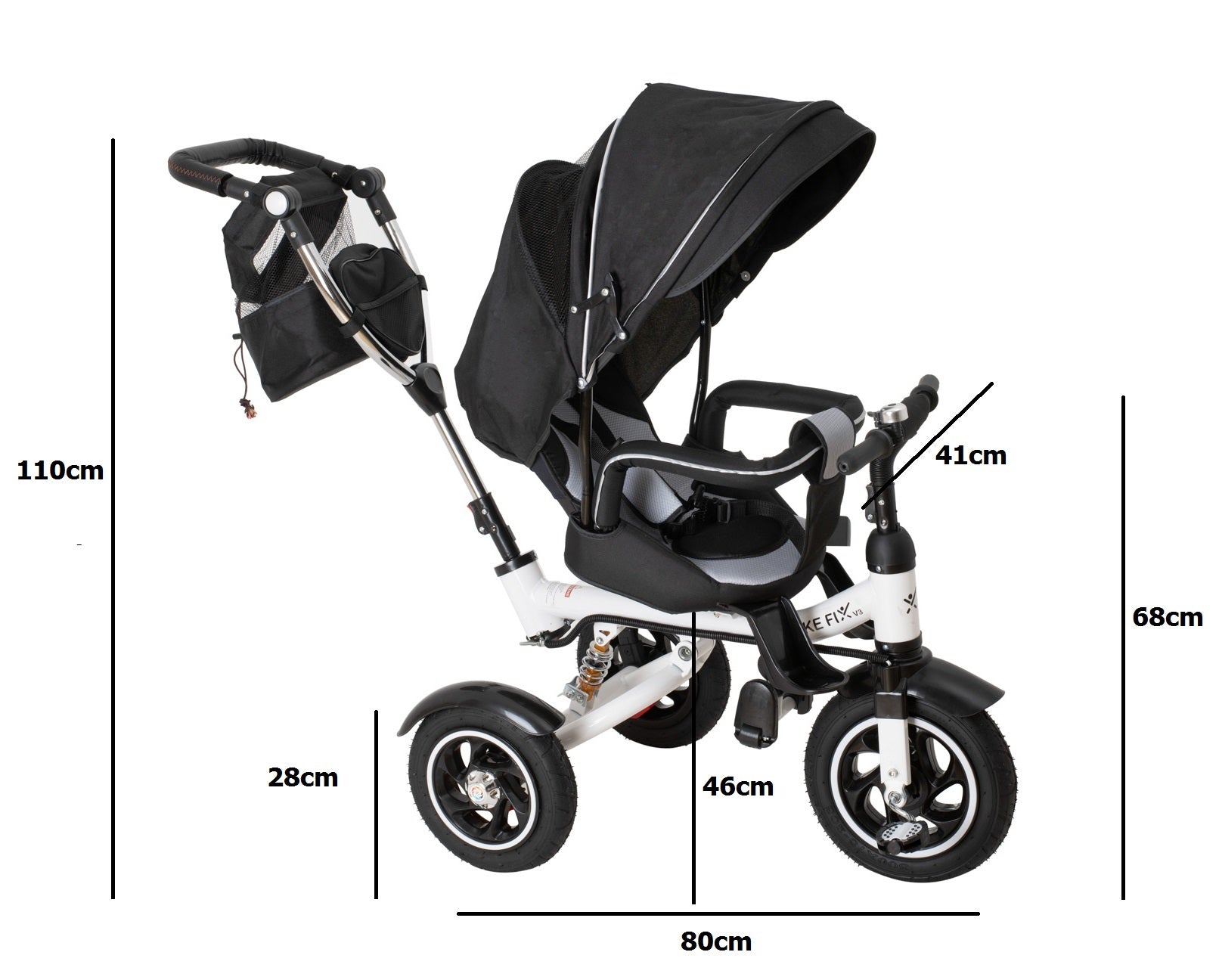 Tricicleta 3in1 105x52x94 cm, sezut rotativ 360°, roti fara aer, copertina reglabila, negru