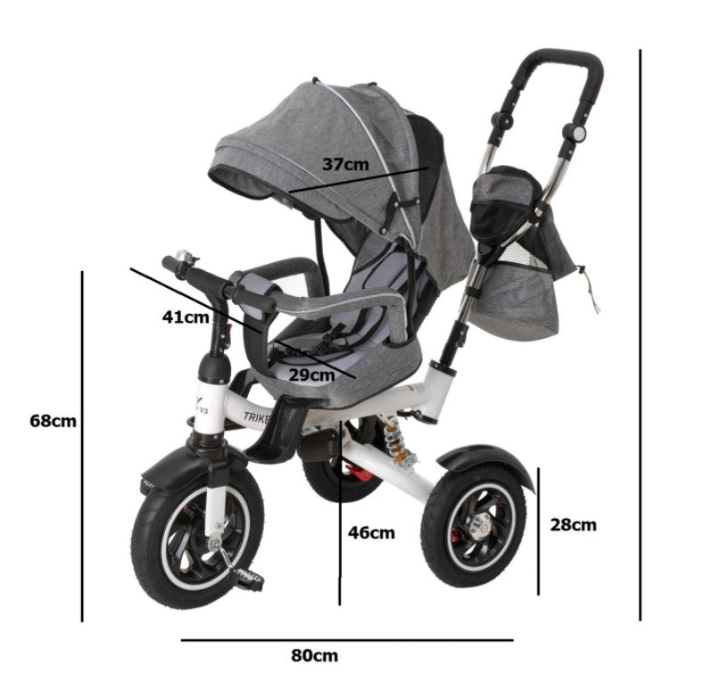 Tricicleta 3in1 105x52x94 cm, sezut rotativ 360°, roti fara aer, copertina reglabila, gri