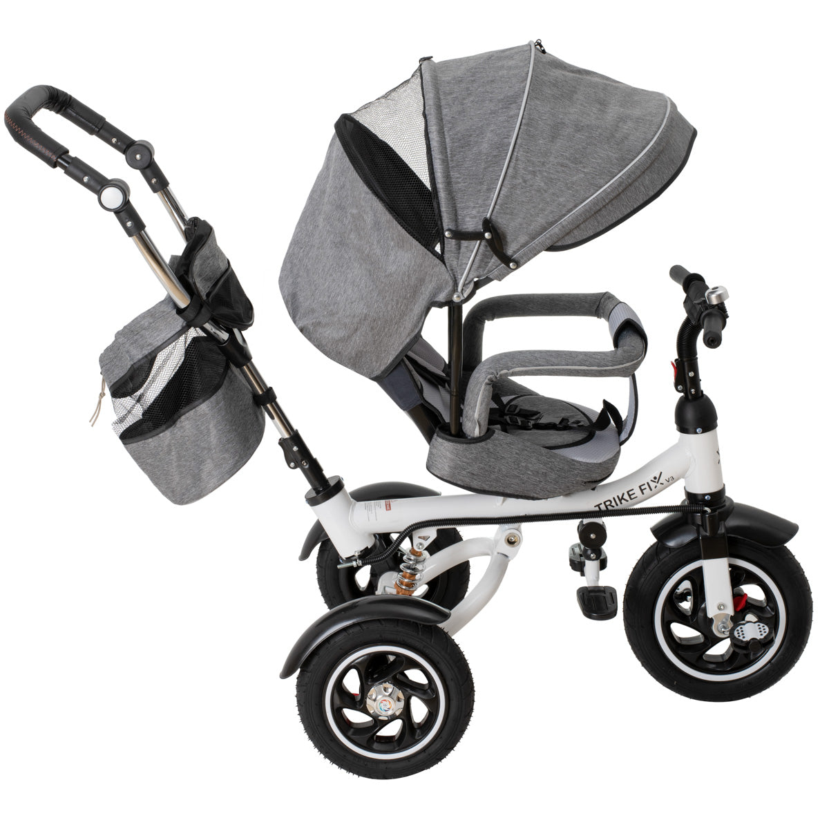 Tricicleta 3in1 105x52x94 cm, sezut rotativ 360°, roti fara aer, copertina reglabila, gri
