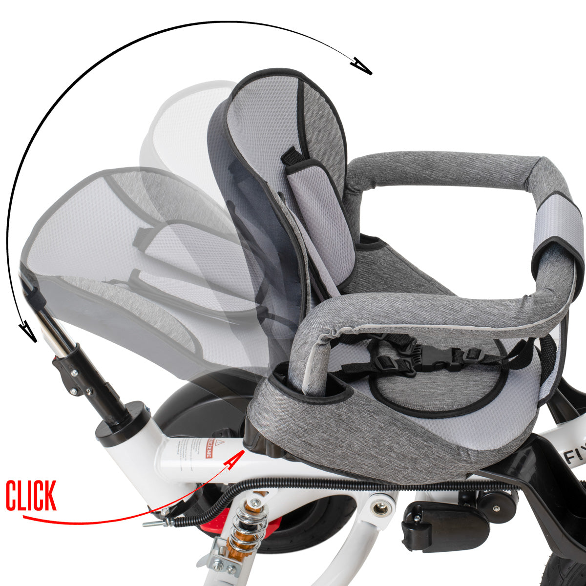 Tricicleta 3in1 105x52x94 cm, sezut rotativ 360°, roti fara aer, copertina reglabila, gri