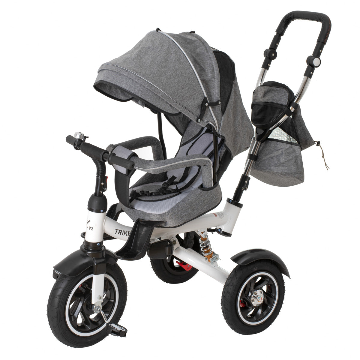 Tricicleta 3in1 105x52x94 cm, sezut rotativ 360°, roti fara aer, copertina reglabila, gri