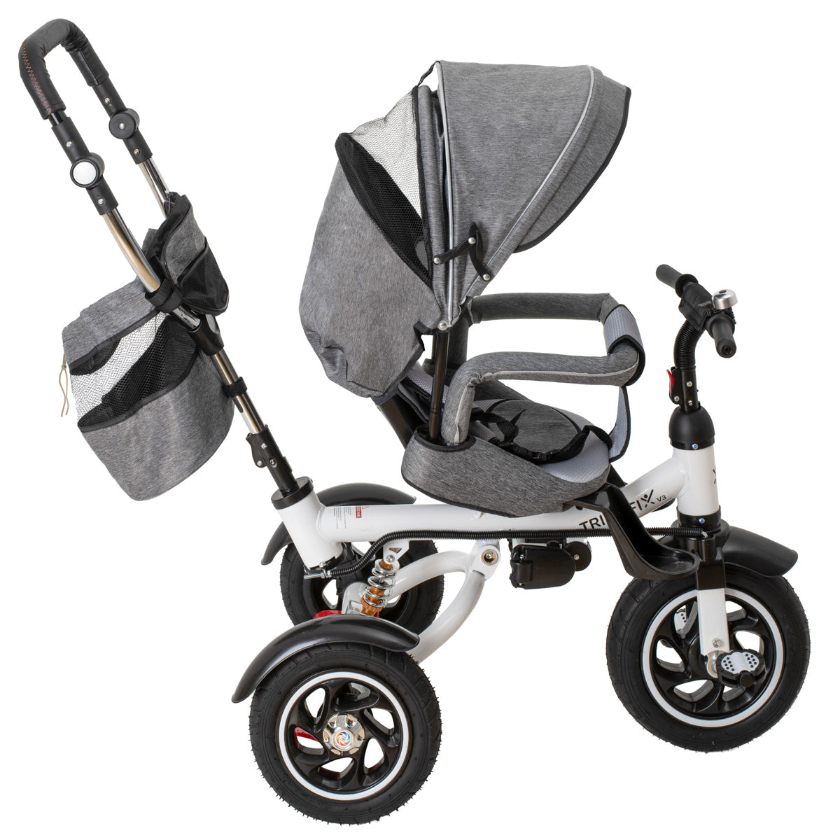 Tricicleta 3in1 105x52x94 cm, sezut rotativ 360°, roti fara aer, copertina reglabila, gri
