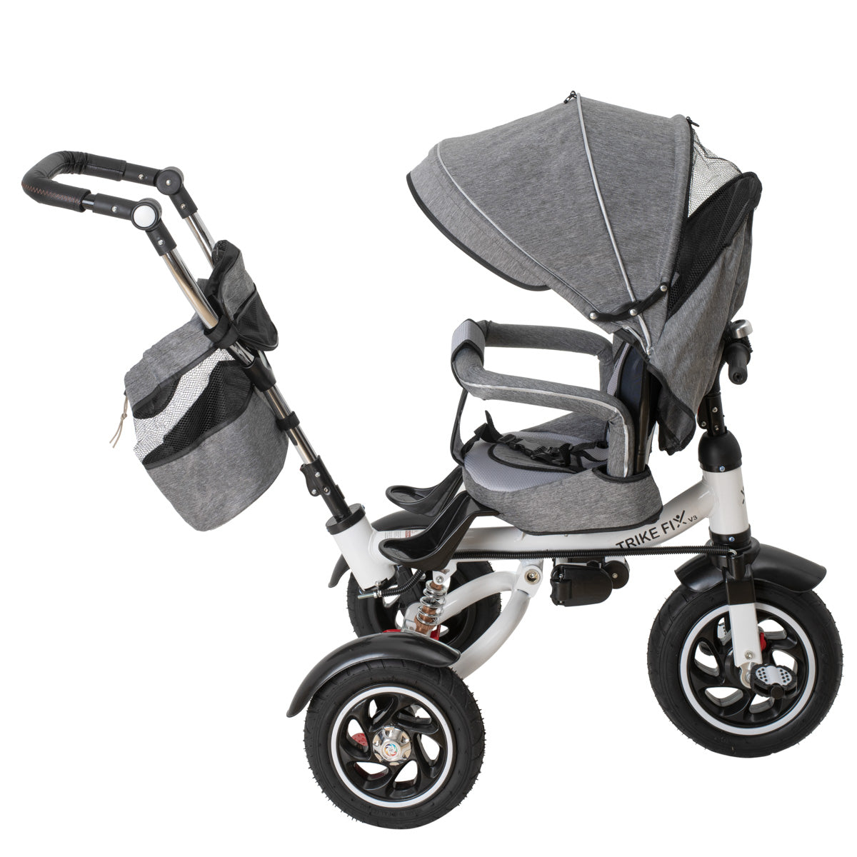 Tricicleta 3in1 105x52x94 cm, sezut rotativ 360°, roti fara aer, copertina reglabila, gri