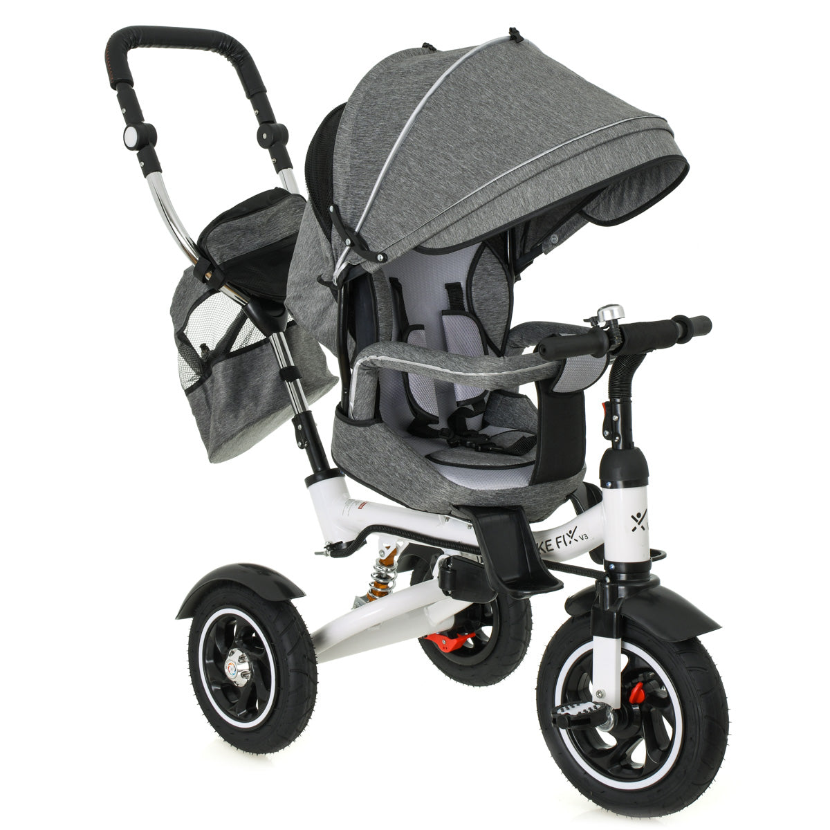 Tricicleta 3in1 105x52x94 cm, sezut rotativ 360°, roti fara aer, copertina reglabila, gri