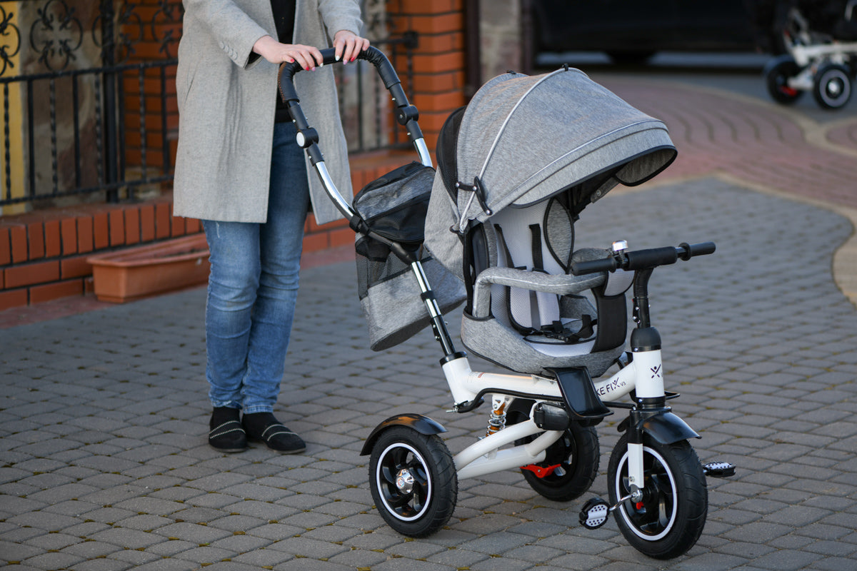 Tricicleta 3in1 105x52x94 cm, sezut rotativ 360°, roti fara aer, copertina reglabila, gri