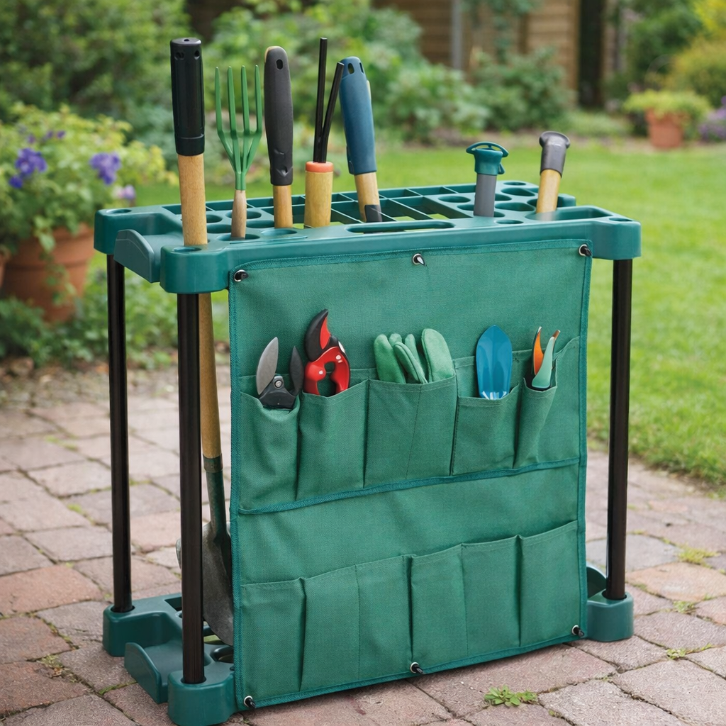 Organizator suport compact pentru unelte de gradina, cu buzunare, cadru metalic, 58x31x60 cm