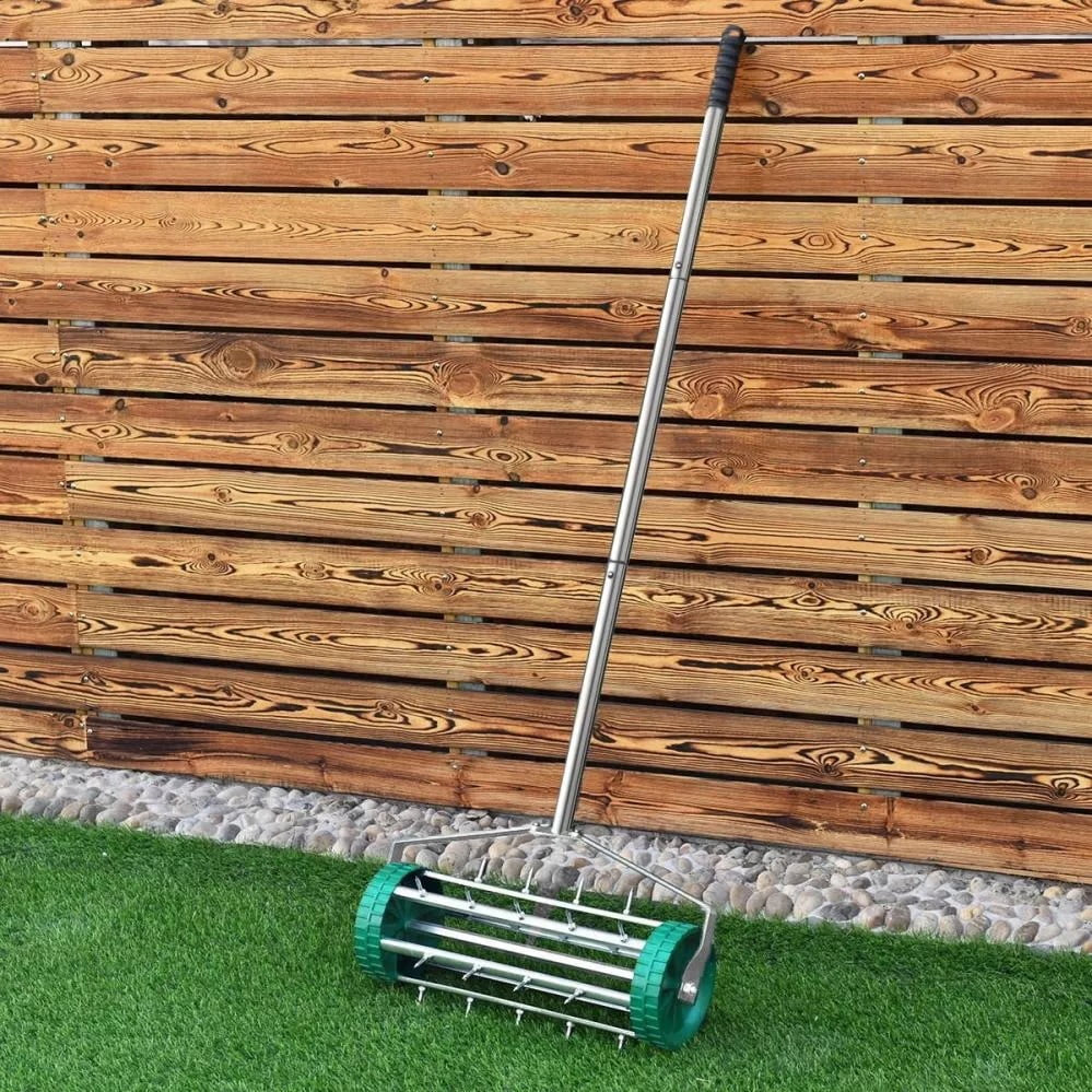 Scarificator si aerator manual pentru gazon cu 27 cuie, latime lucru 42 cm, maner metalic, verde