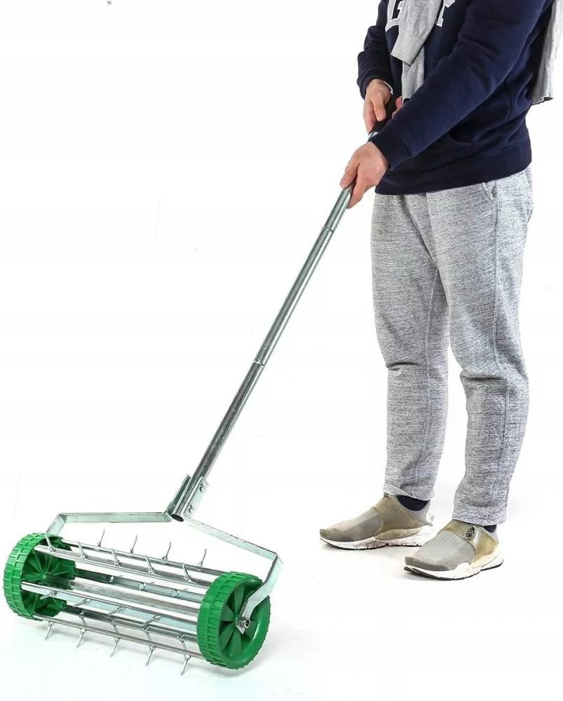 Scarificator si aerator manual pentru gazon cu 27 cuie, latime lucru 42 cm, maner metalic, verde