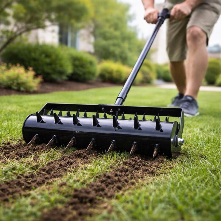 Aerator manual gazon cu roti si tepi pentru afanarea solului, constructie metalica, inaltime 148 cm, latime lucru 40 cm