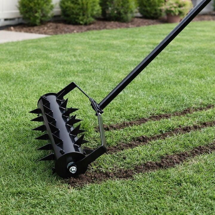 Aerator manual gazon cu roti si tepi pentru afanarea solului, constructie metalica, inaltime 148 cm, latime lucru 40 cm