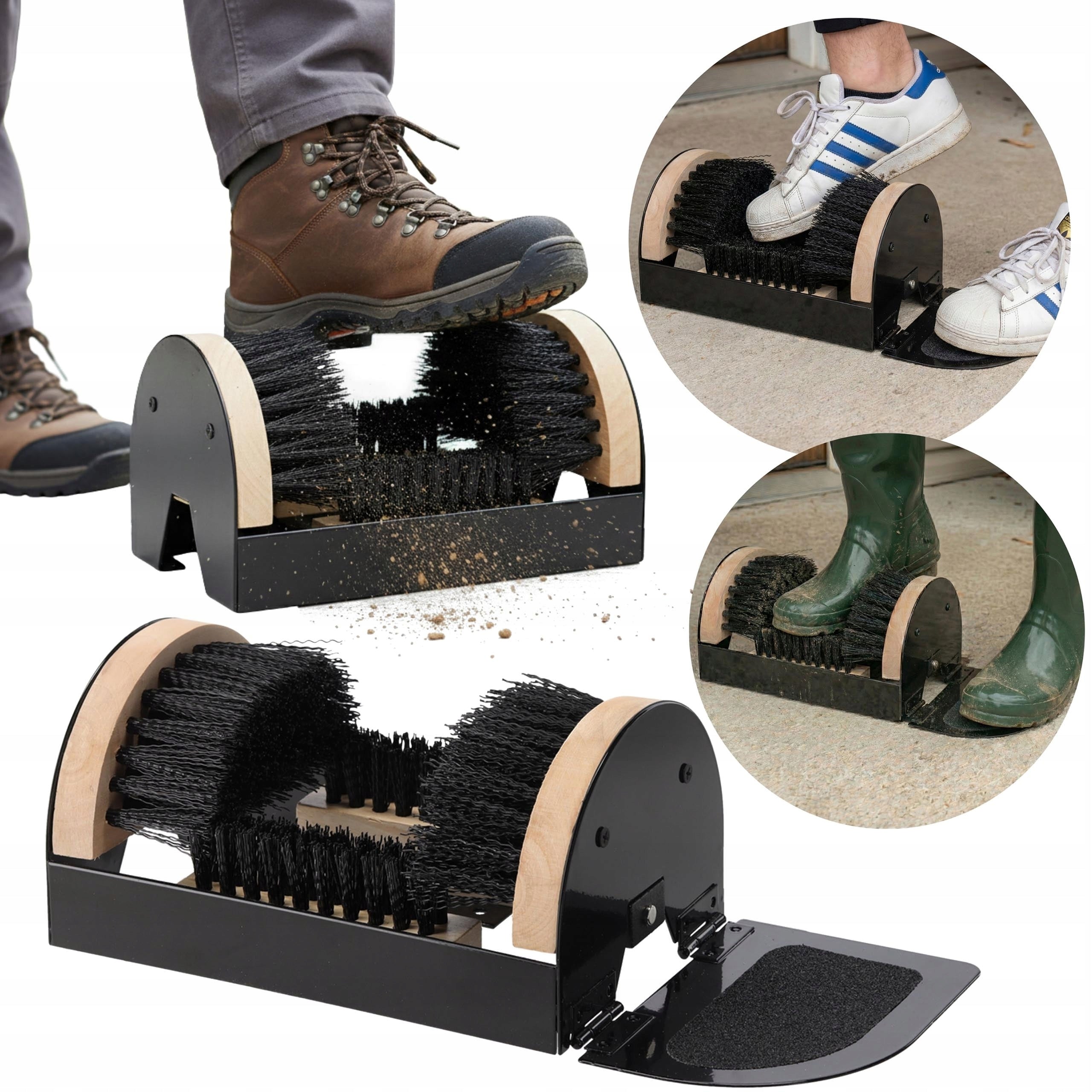 Curatator incaltaminte cu perii pentru exterior, cadru metalic si baza din lemn, 23x15x11 cm