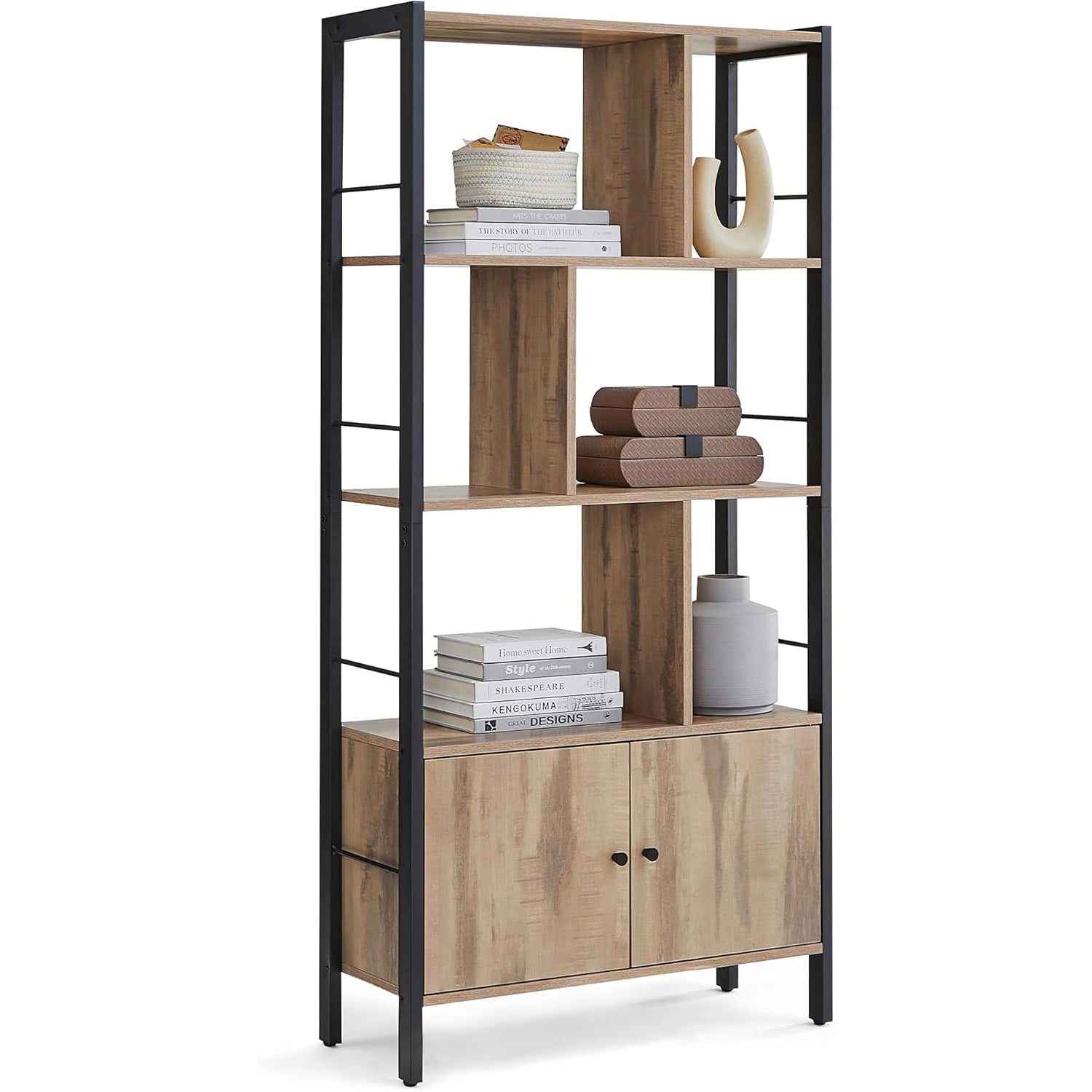VASAGLE Biblioteca cu 4 rafturi si dulap inferior cu 2 usi, stil industrial, 74x30x155cm, stejar