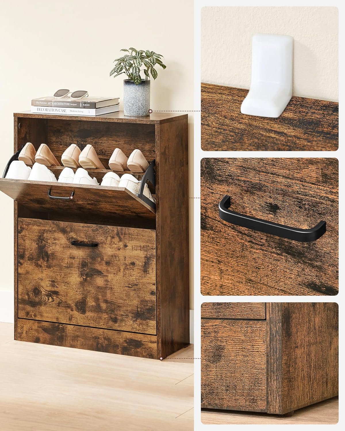 VASAGLE Dulap pantofi cu 2 usi rabatabile, din MDF, pentru 8-12 perechi, 60x24x84cm, maro rustic