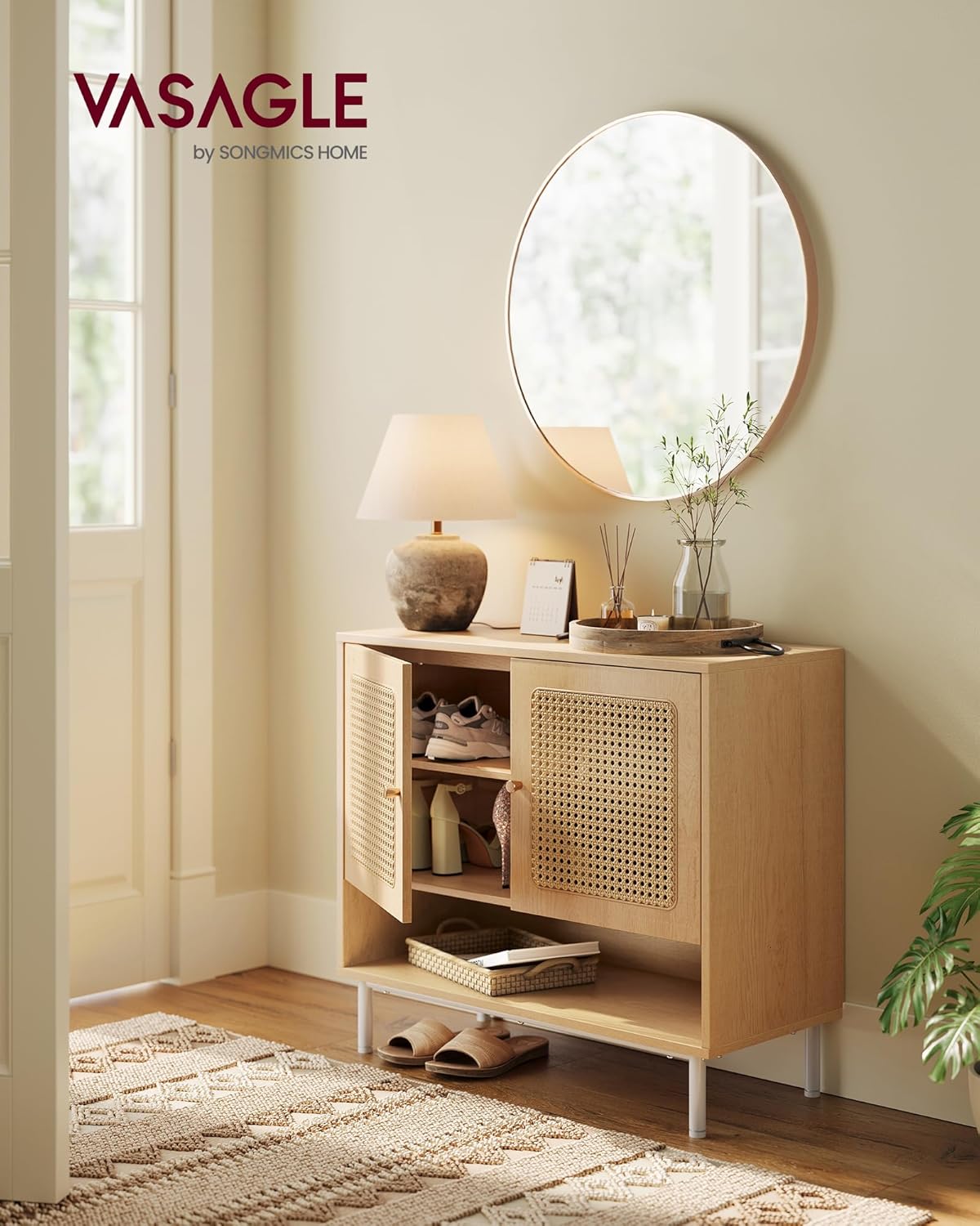 VASAGLE Raft pantofi 3 usi cu aspect ratan, cadru PAL si picioare metalice, stil boho, 80x35x70 cm, stejar bej