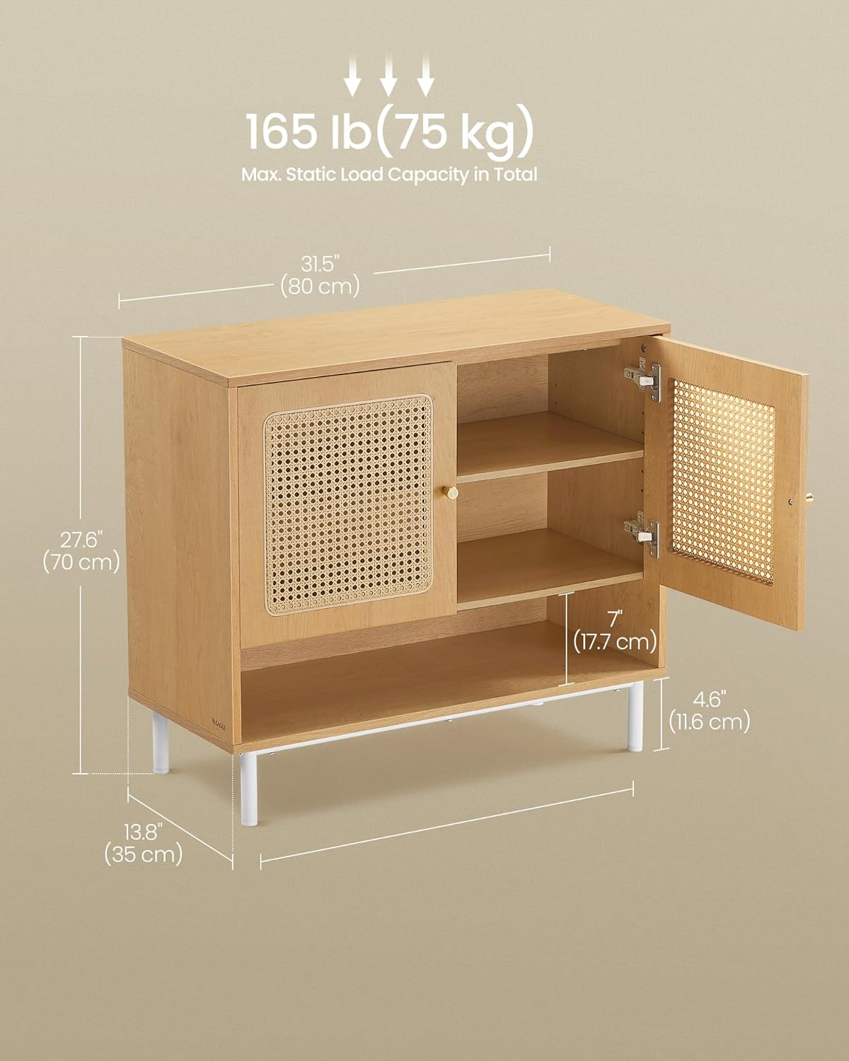 VASAGLE Raft pantofi 3 usi cu aspect ratan, cadru PAL si picioare metalice, stil boho, 80x35x70 cm, stejar bej