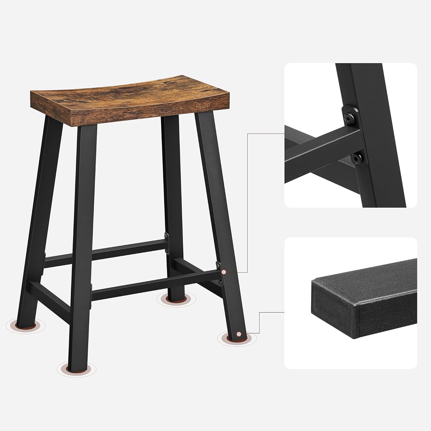 VASAGLE Set 2 scaune bar cu sezut curbat, cadru metalic, 46x33x60 cm, maro rustic