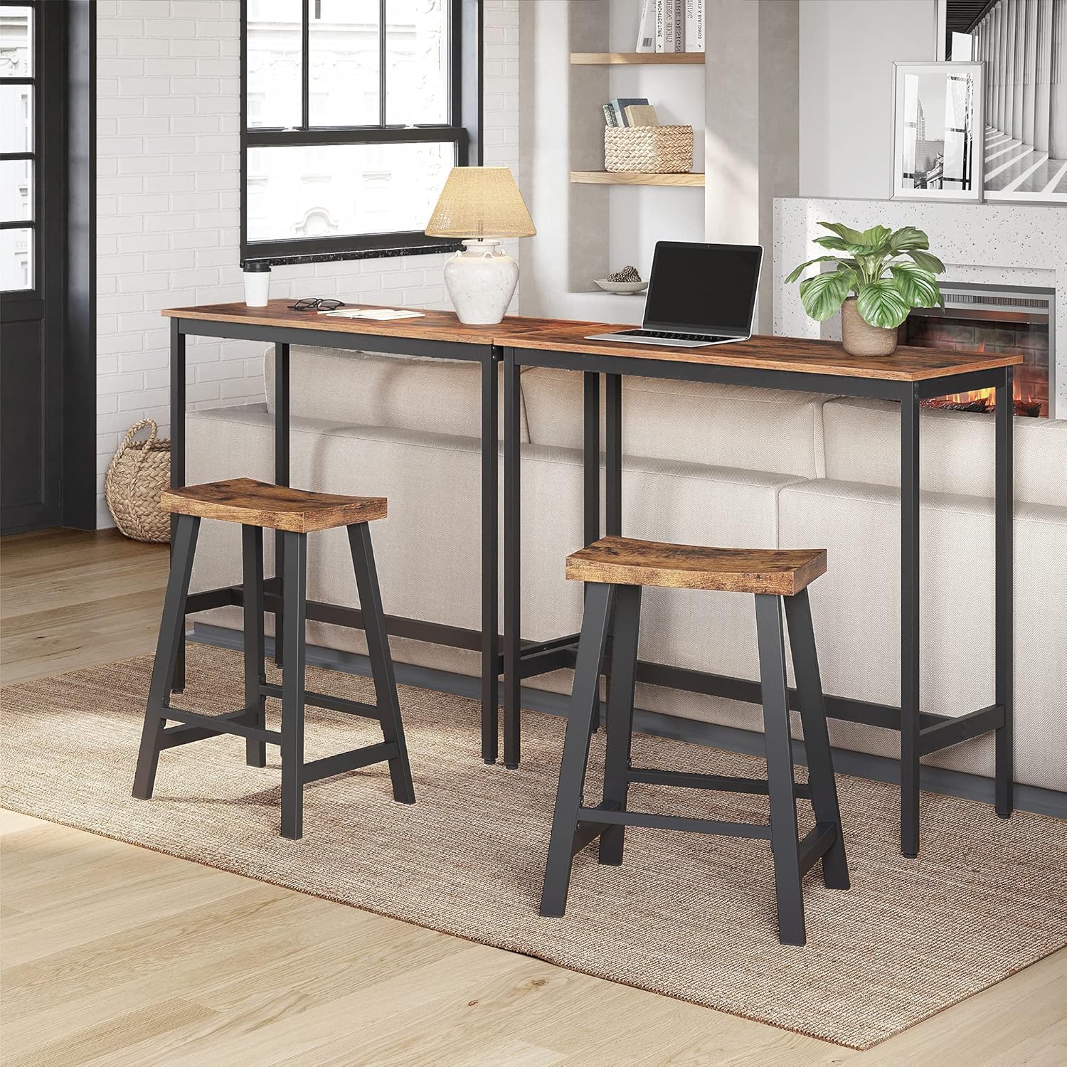 VASAGLE Set 2 scaune bar cu sezut curbat, cadru metalic, 46x33x60 cm, maro rustic