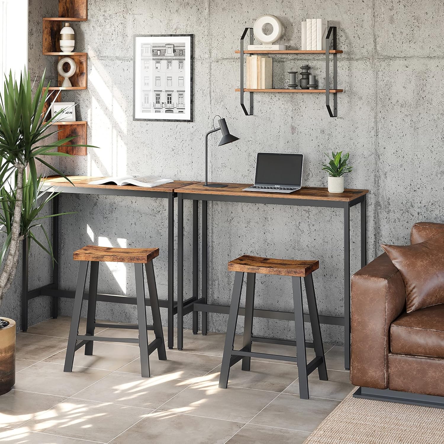 VASAGLE Set 2 scaune bar cu sezut curbat, cadru metalic, 46x33x60 cm, maro rustic