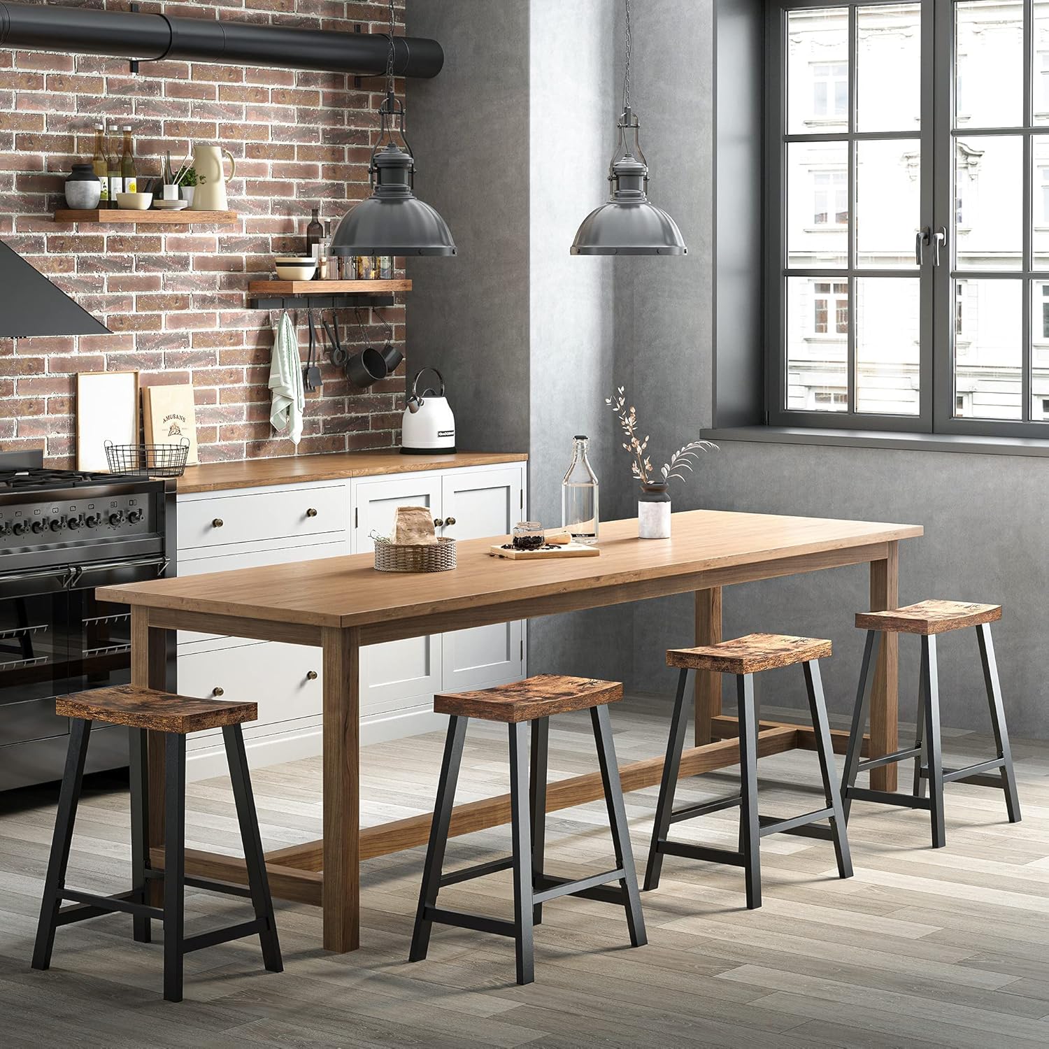 VASAGLE Set 2 scaune bar cu sezut curbat, cadru metalic, 46x33x60 cm, maro rustic