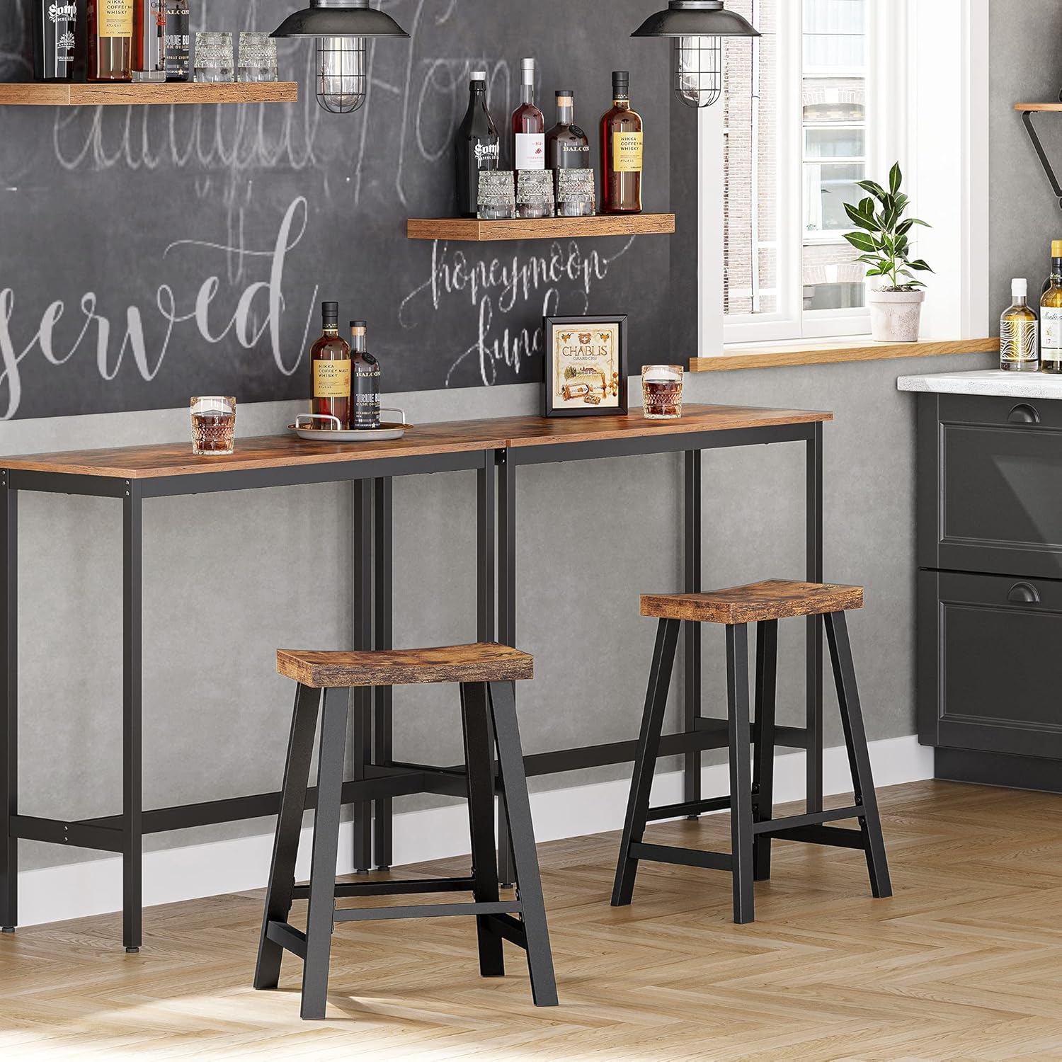 VASAGLE Set 2 scaune bar cu sezut curbat, cadru metalic, 46x33x60 cm, maro rustic