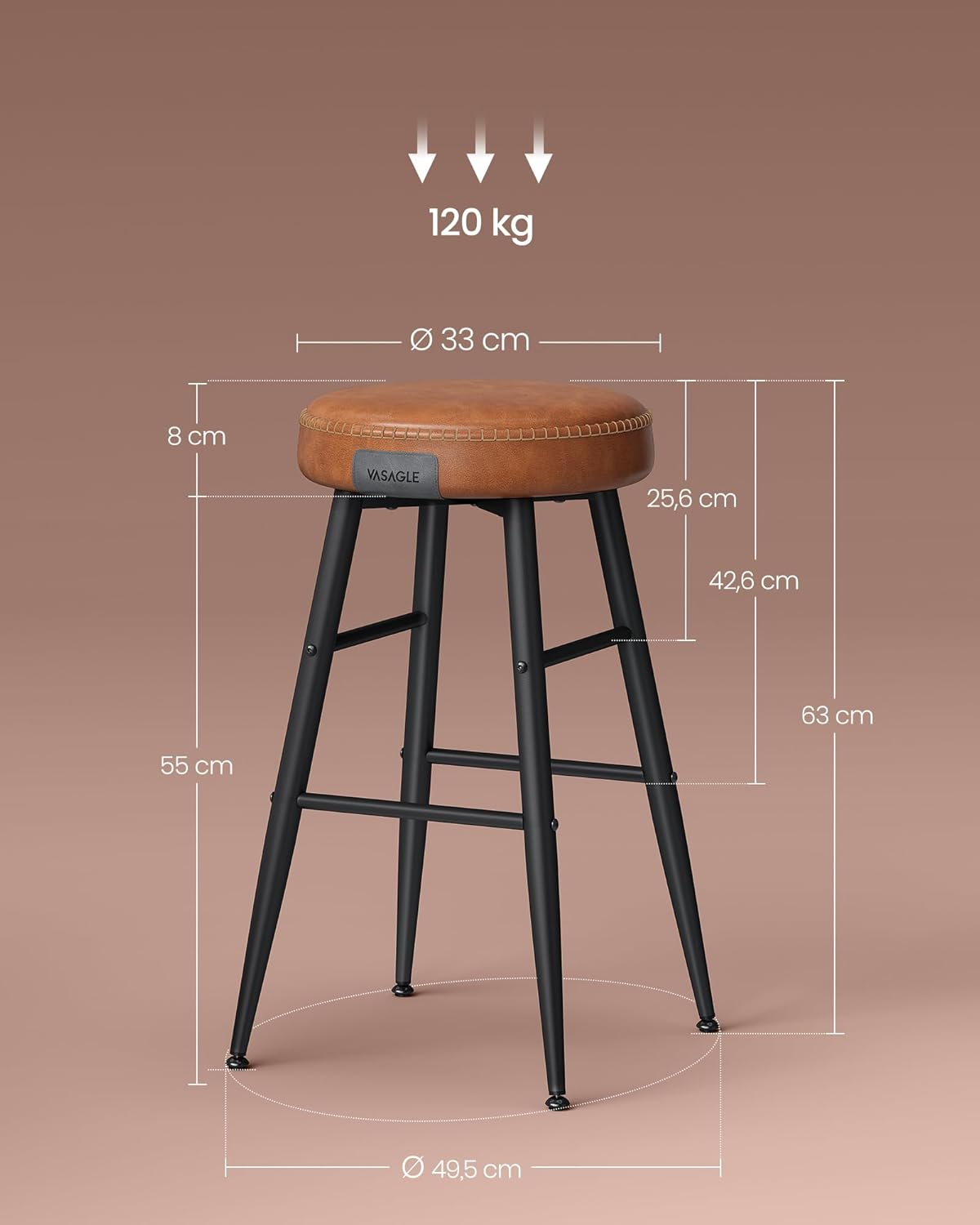 VASAGLE Set 2 scaune bar EKHO, tapiterie PU, cadru metalic, 50x50x63 cm, maro caramel