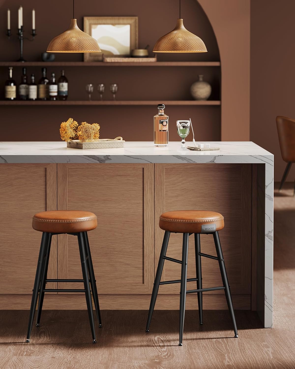 VASAGLE Set 2 scaune bar EKHO, tapiterie PU, cadru metalic, 50x50x63 cm, maro caramel