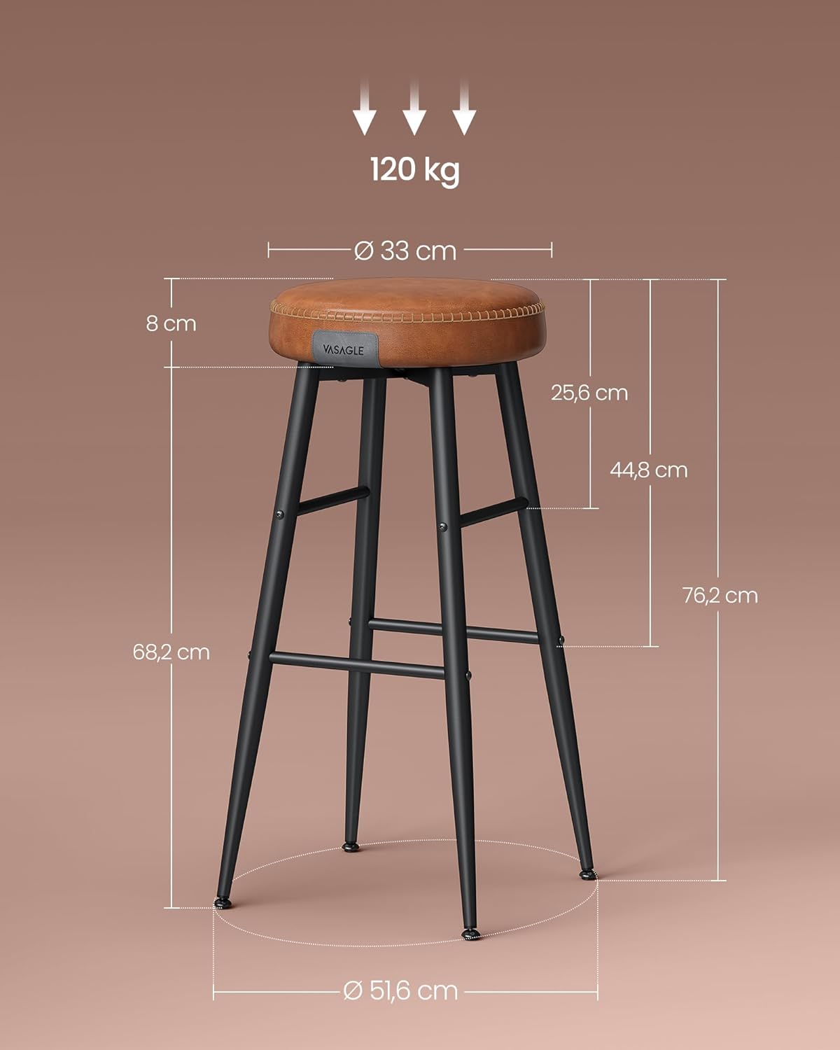 VASAGLE Set 2 scaune bar Ekho, tapitate PU, inaltime sezut 76 cm, 52x76 cm, maro caramel
