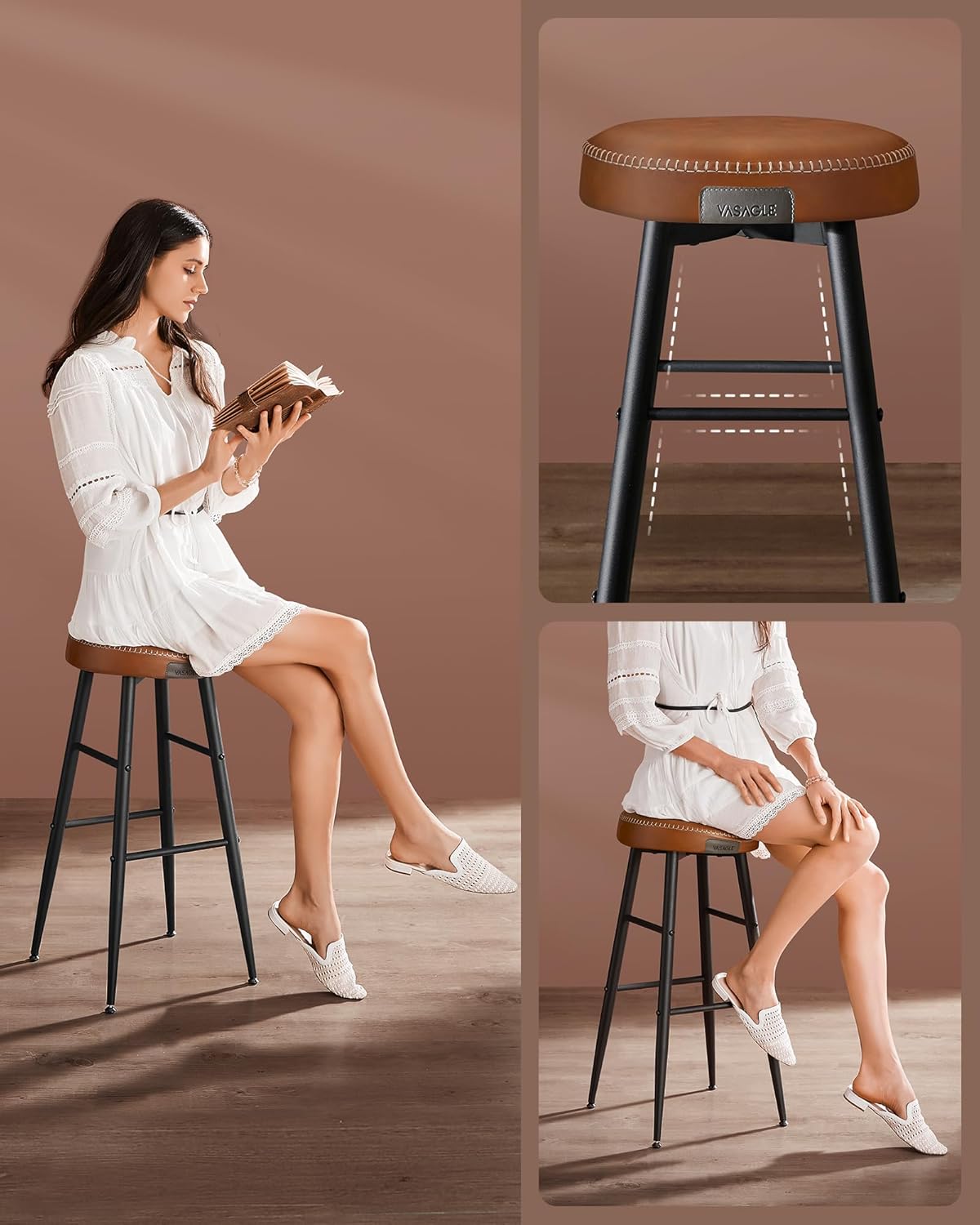VASAGLE Set 2 scaune bar Ekho, tapitate PU, inaltime sezut 76 cm, 52x76 cm, maro caramel